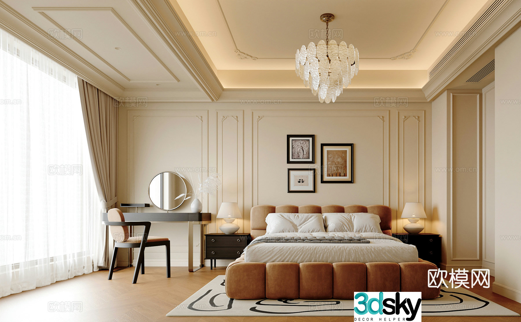 Modern French home bedroom master bedroom double bed dressing table hanging painting chandeliers 3d model