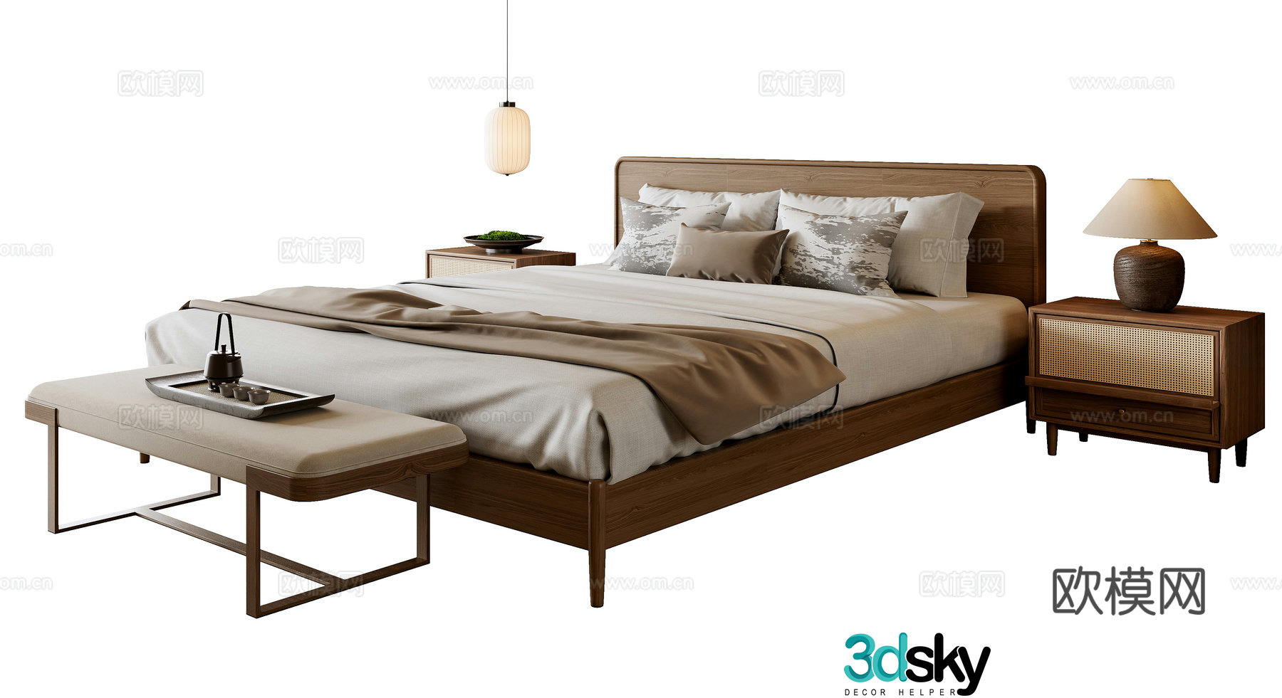 New Chinese style double bed 3D model