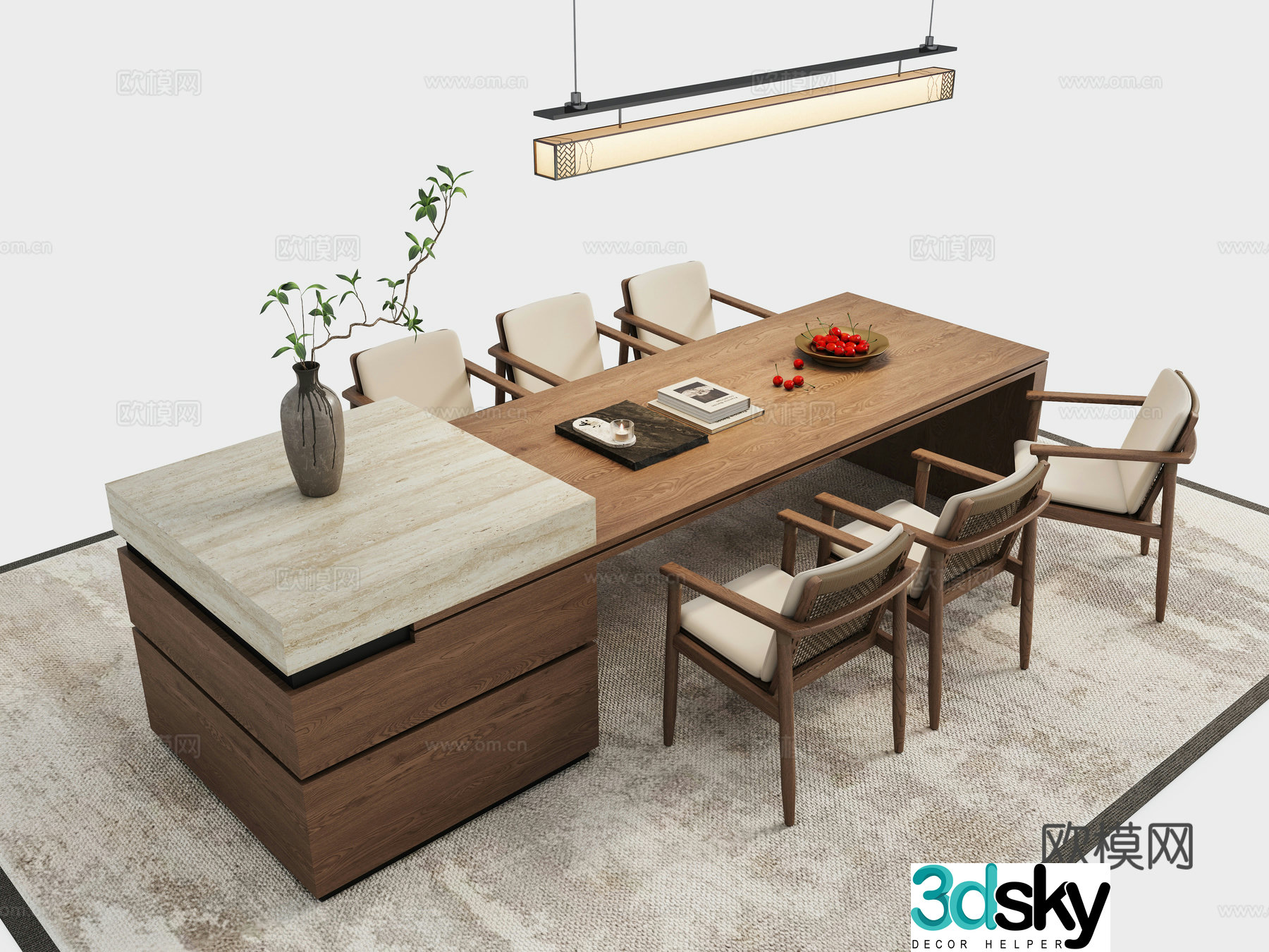 Zen New Chinese Dining Table and Chair Combination 3D Model