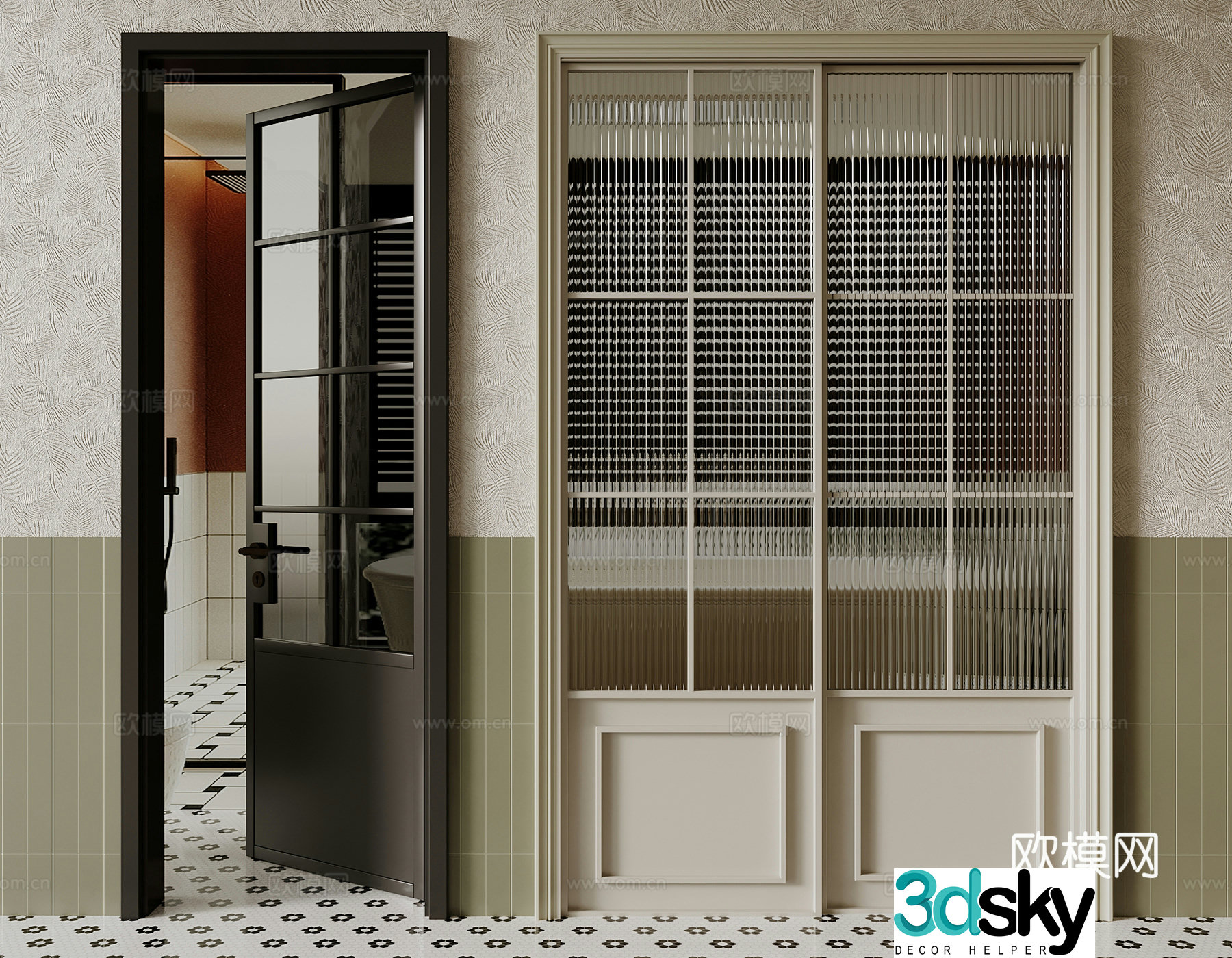 French kitchen and bathroom door glass door 3d model