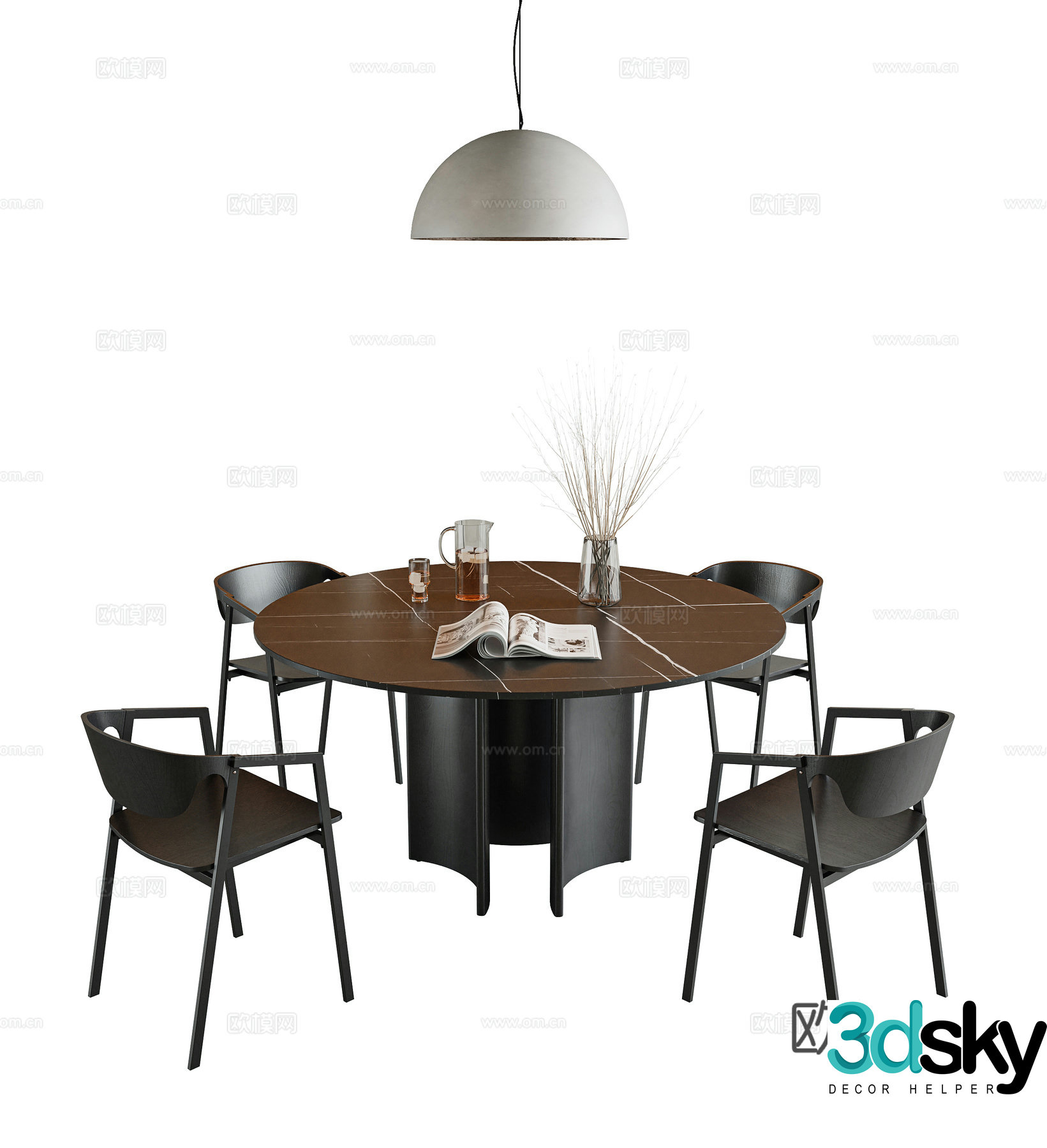 Dining table and chair combination Round dining table Four-person dining table Solid wood dining chair Single chair Book chair Chandelier 3D model