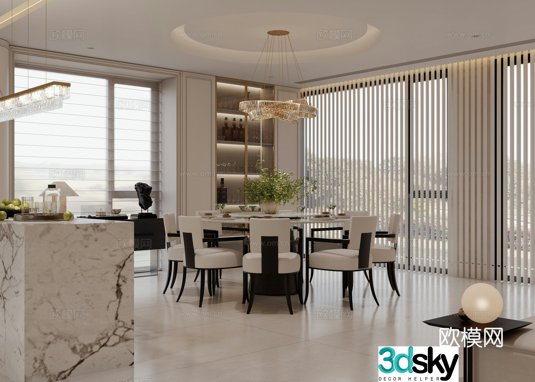 Modern French living and dining room 3d model