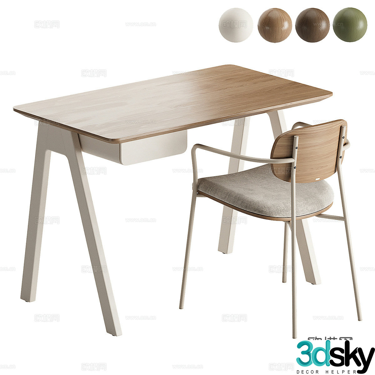 Modern desk and chair Solid wood desk Wooden table Study table Simple dining chair Wrought iron dining chair 3d model