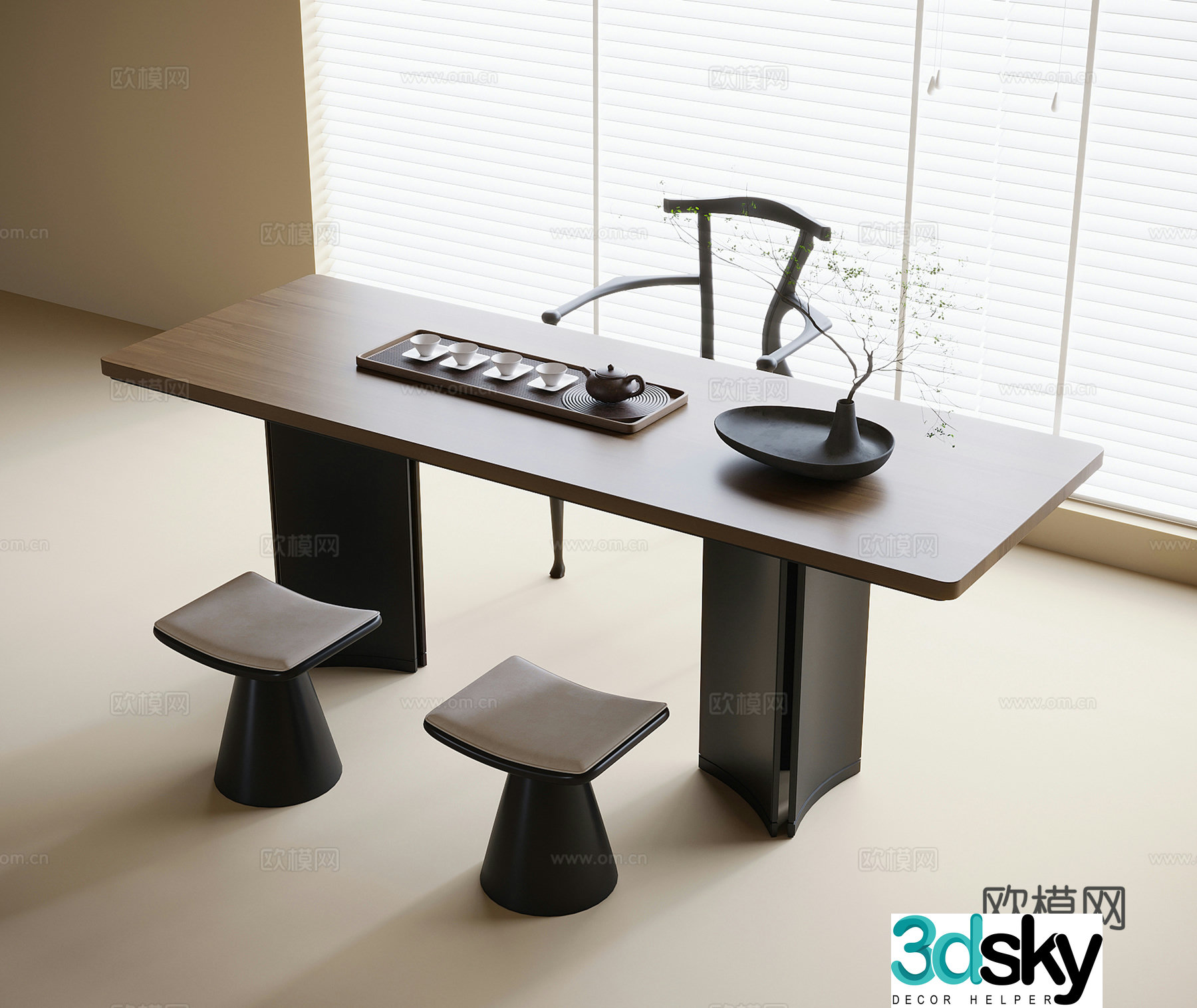 Modern tea table and chairs stools tea set venetian blinds 3d model