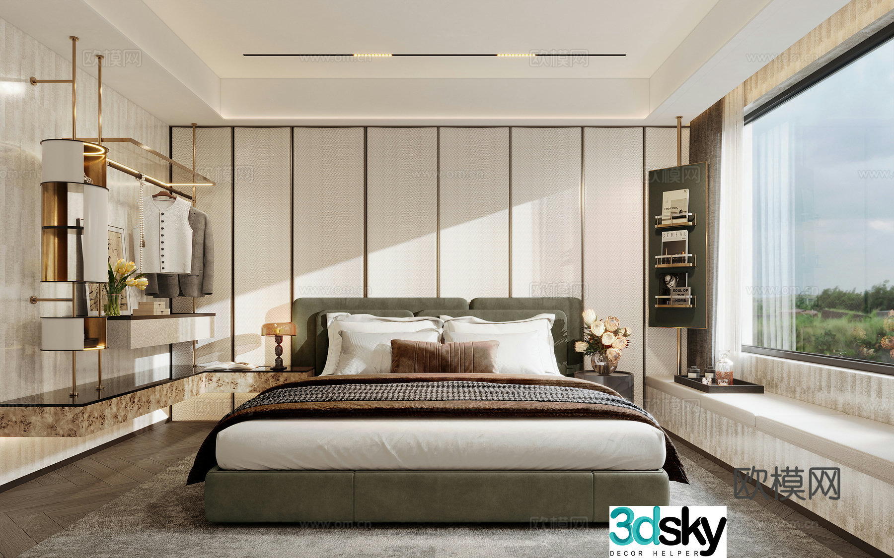 Bedroom Master bedroom Bed Open wardrobe Clothes Storage rack Storage rack Flower art Drawing 3D model