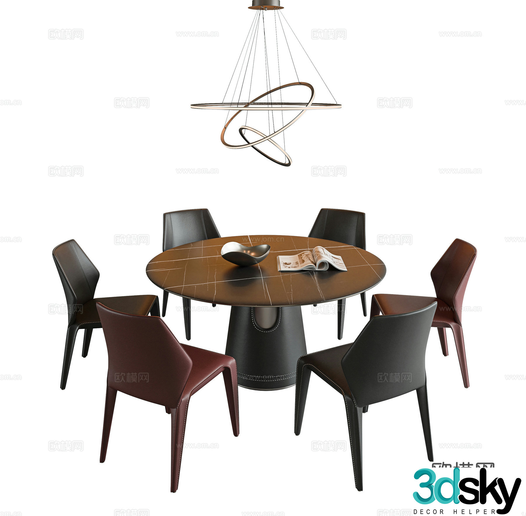 Italian dining table and chair combination round dining table rock table leather dining chair single chair book chair gold 3d model