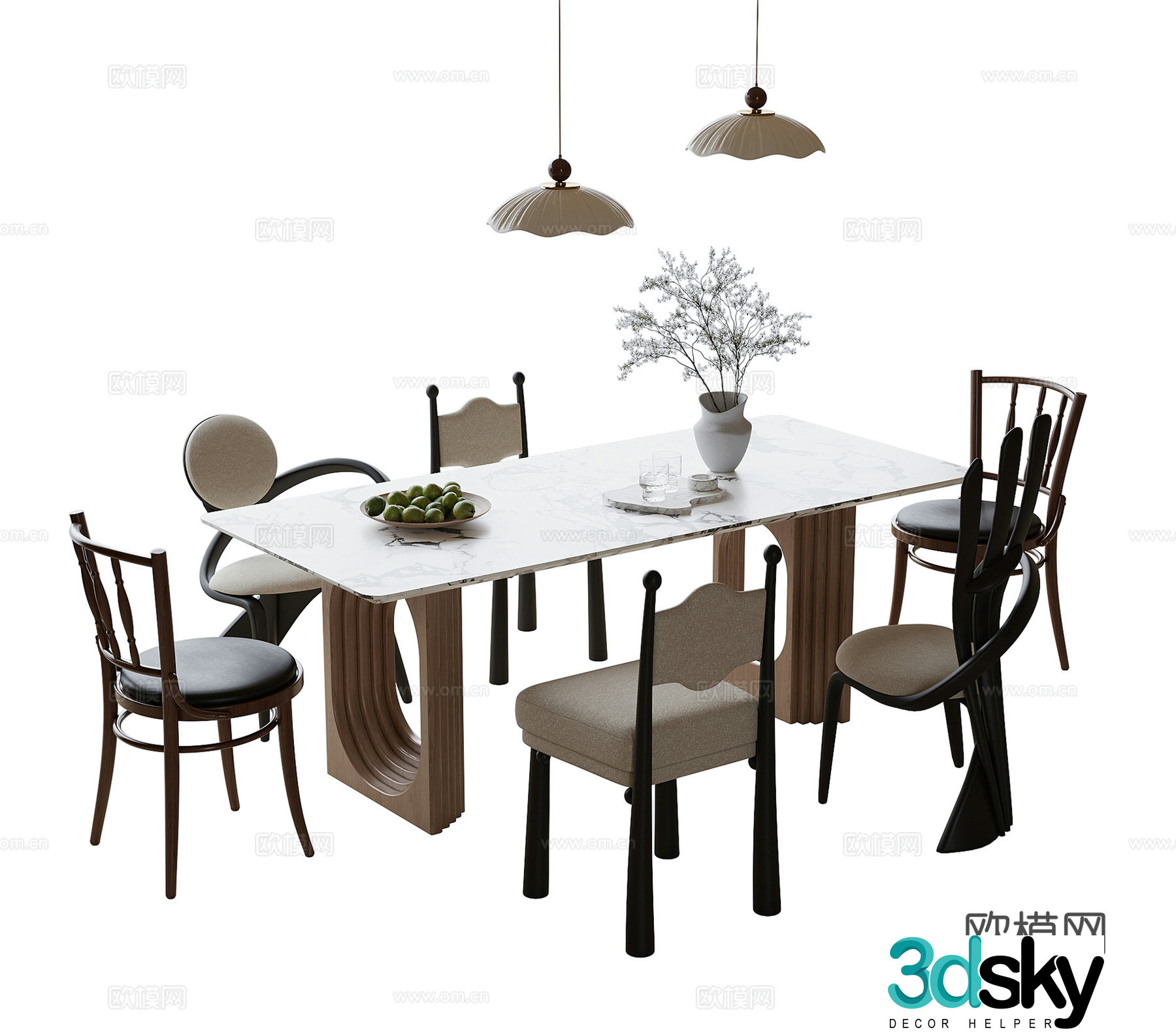 French dining table and chairs Dining table and chairs Pendant lamp 3d model
