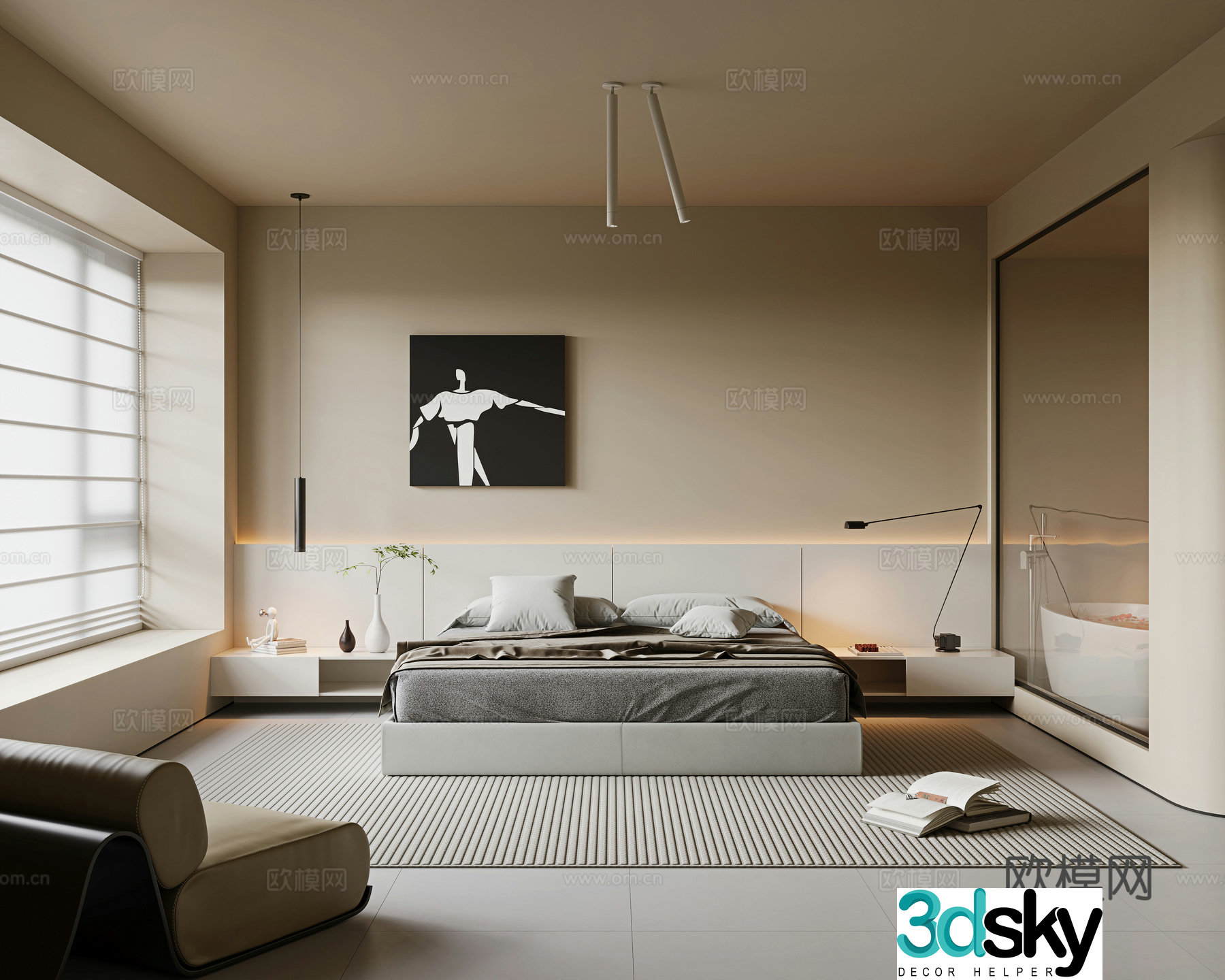 Modern bedroom Fabric double bed Single casual chair Side chair Chandelier Custom wardrobe Bedside 3D model