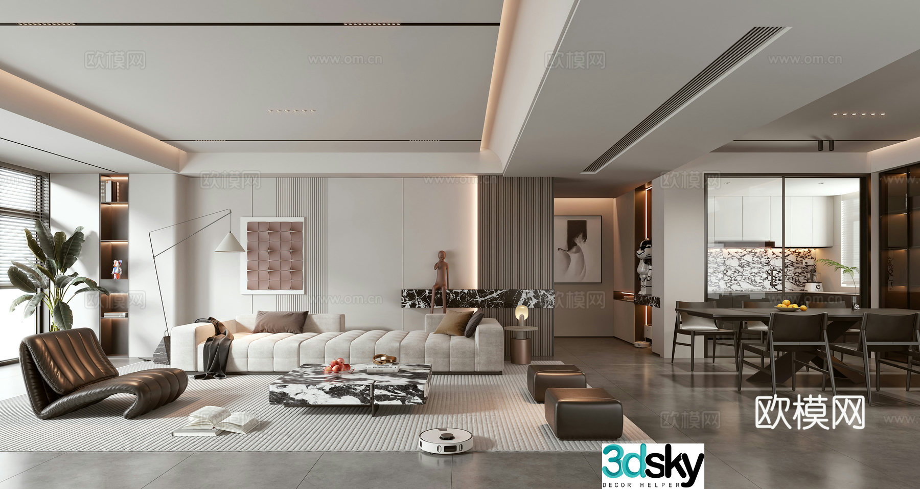 Light luxury living and restaurant 3D model