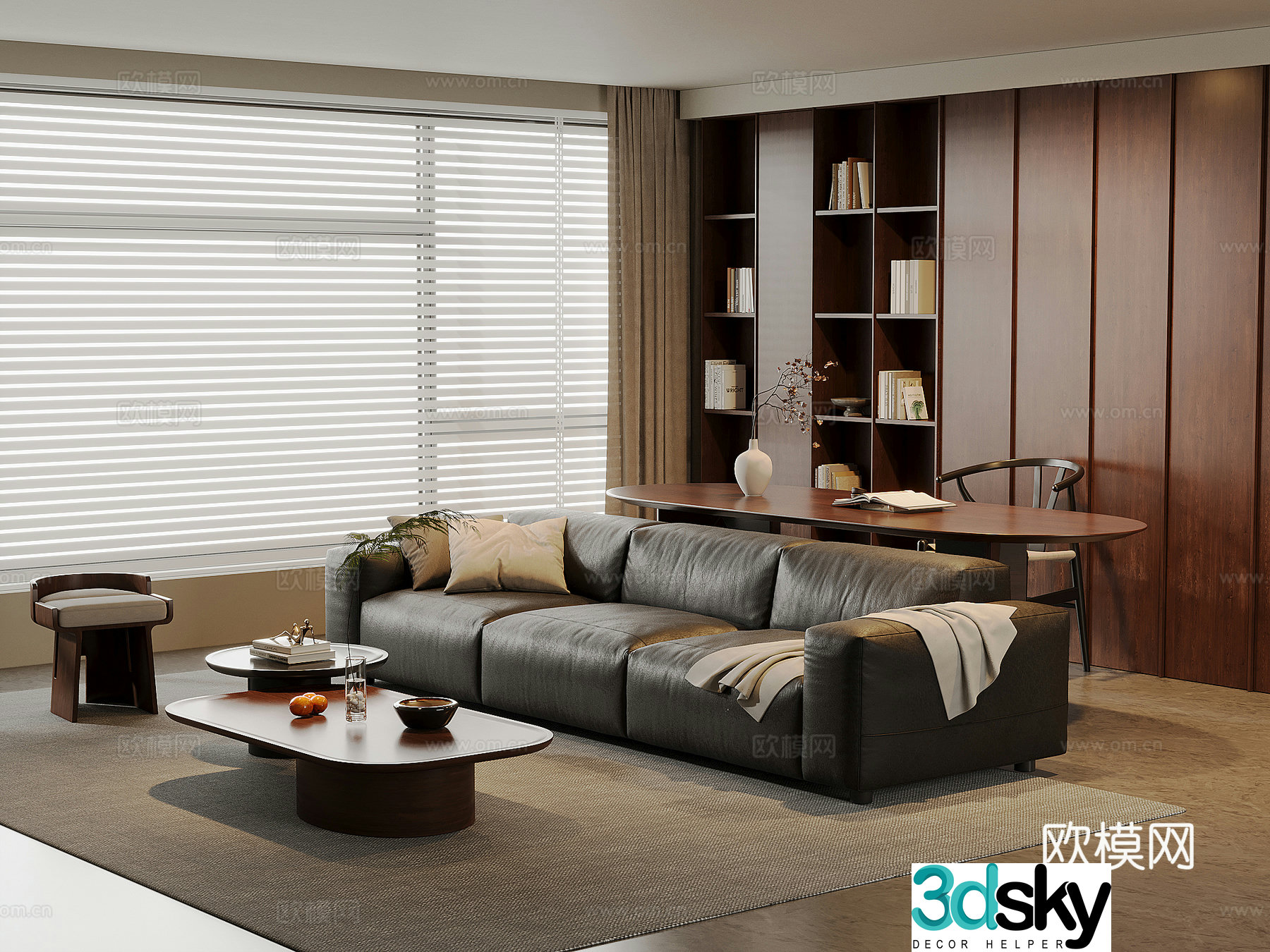 American medieval living room leather sofa and coffee table combination solid wood desk and chair solid wood bookcase 3D model