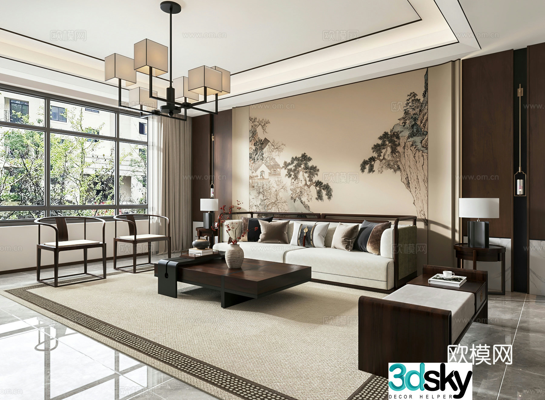 New Chinese style living and dining room sofa background wall TV background wall 3d model