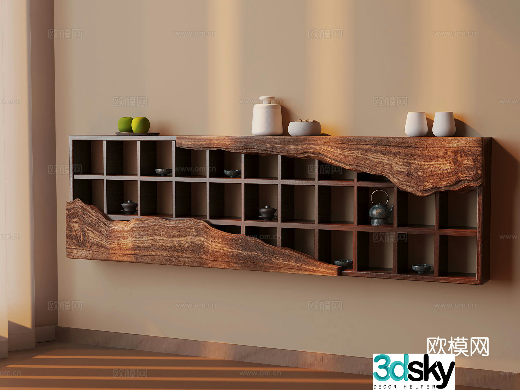 New Chinese style tea cabinet wall-mounted cabinet tea set teapot 3d model