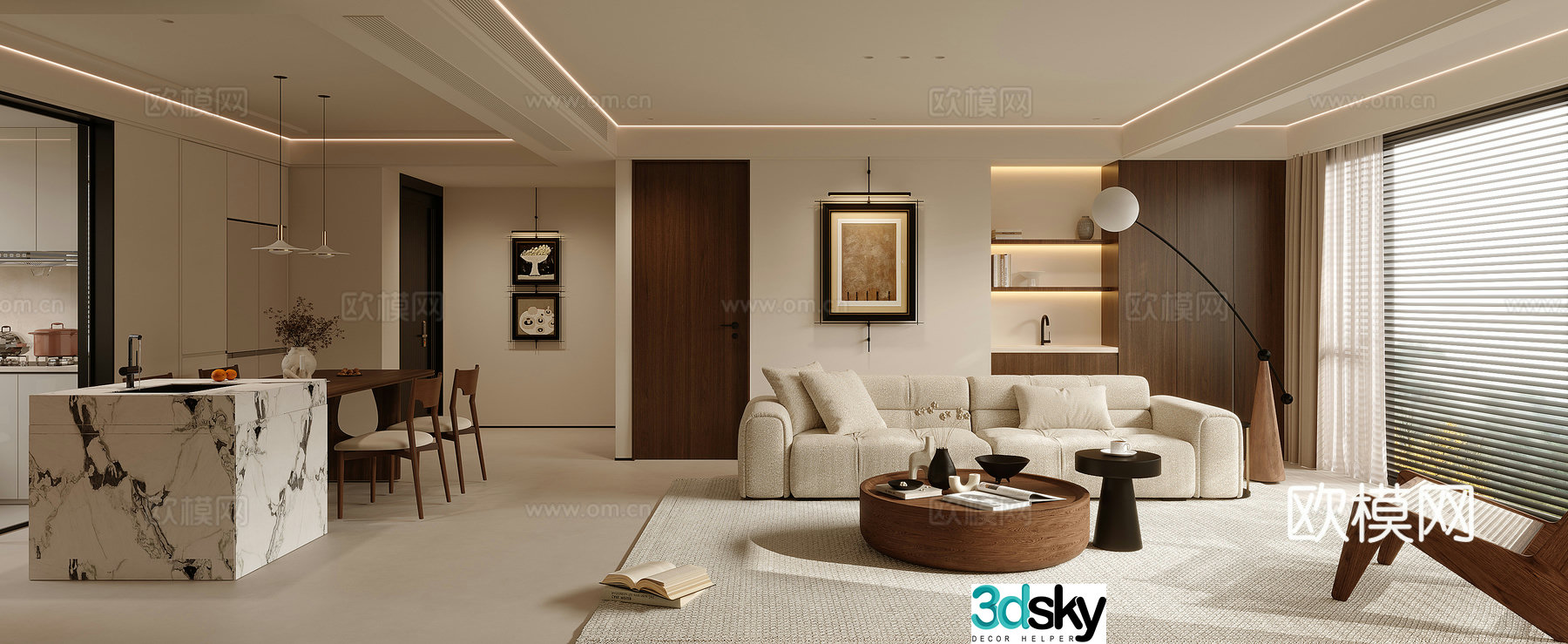 Modern Cream Living and Restaurant 3D Model