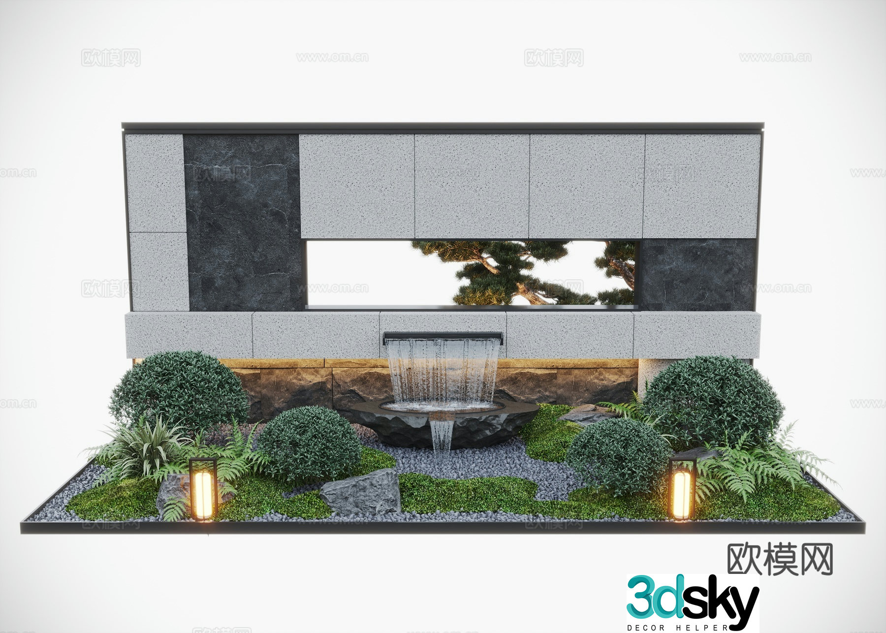 Modern courtyard water view wall water bowl flowing water 3d model