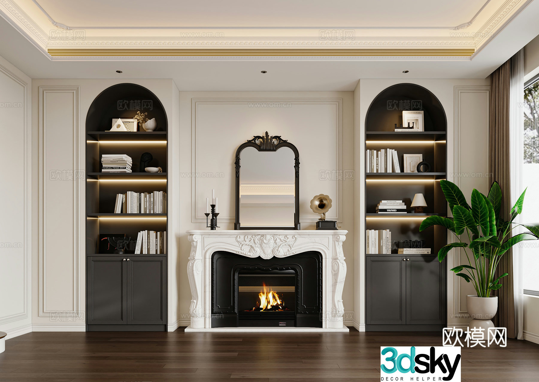 French background wall American background wall French arch shape background bookcase background fireplace 3d model