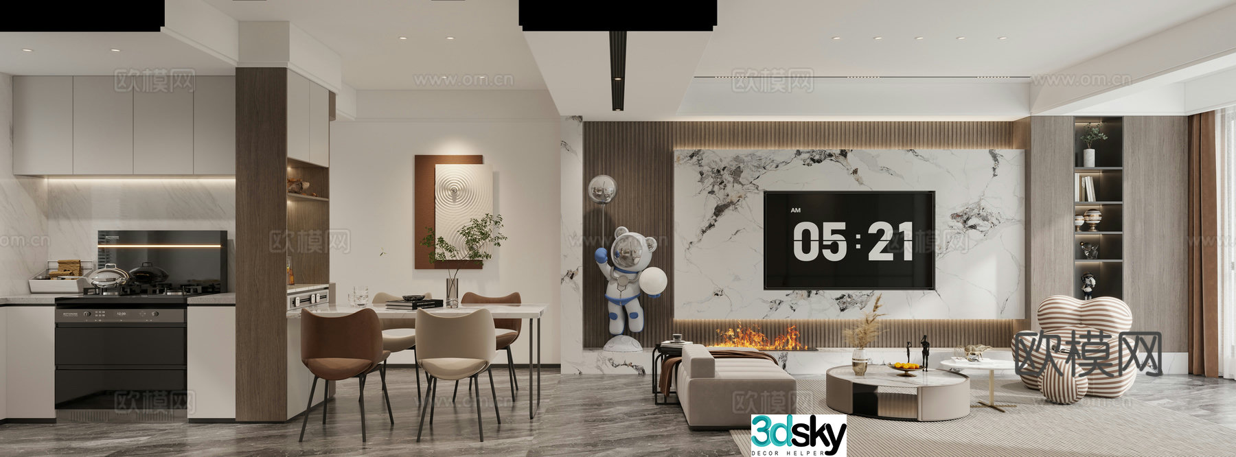 Modern living and dining room 3d model
