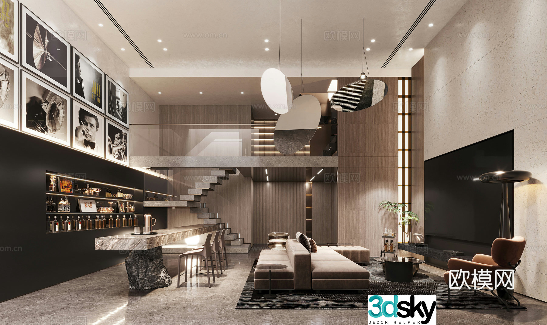 Modern light luxury villa living room 3d model