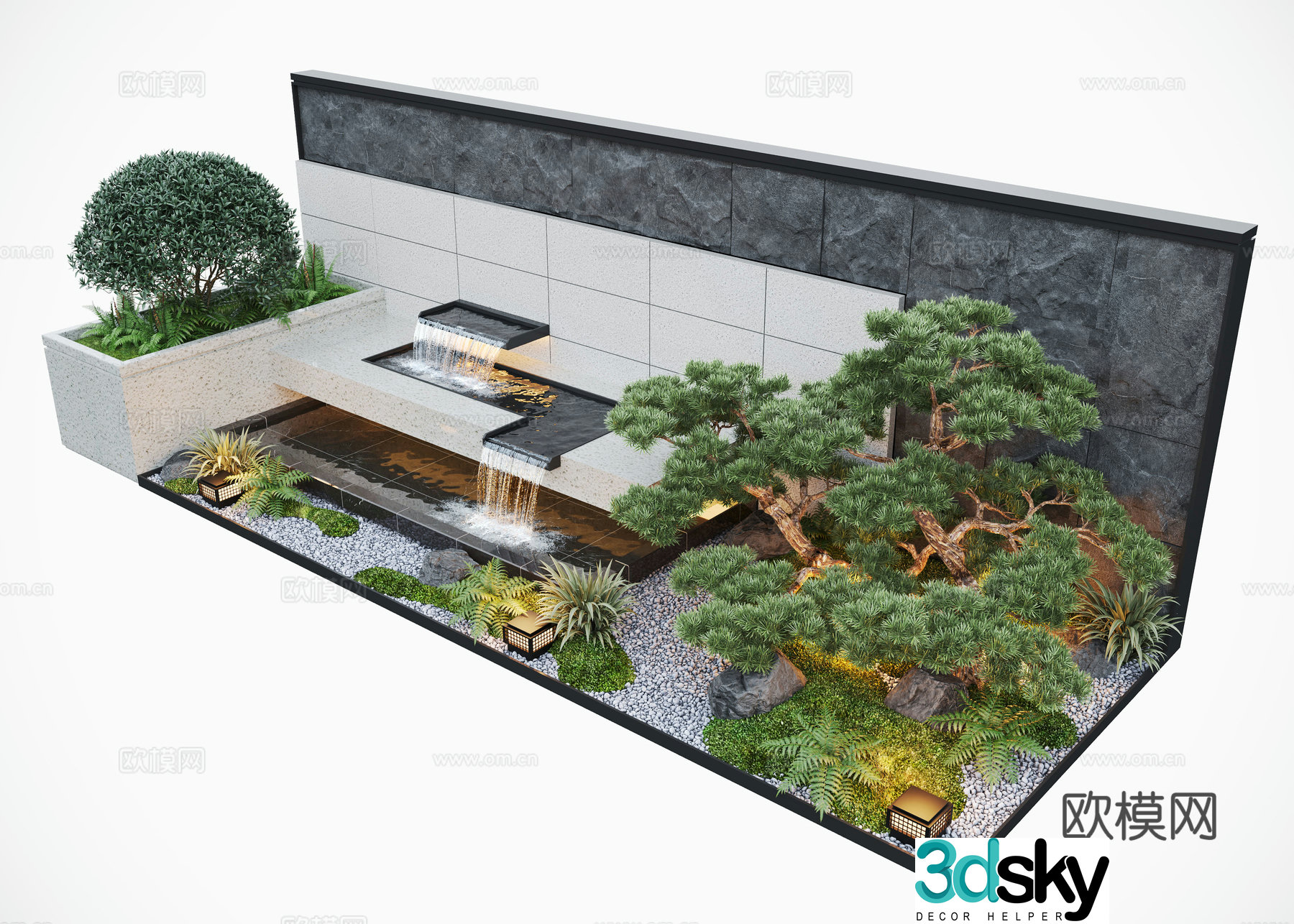 Modern courtyard water view wall stacked water pool pine tree 3d model