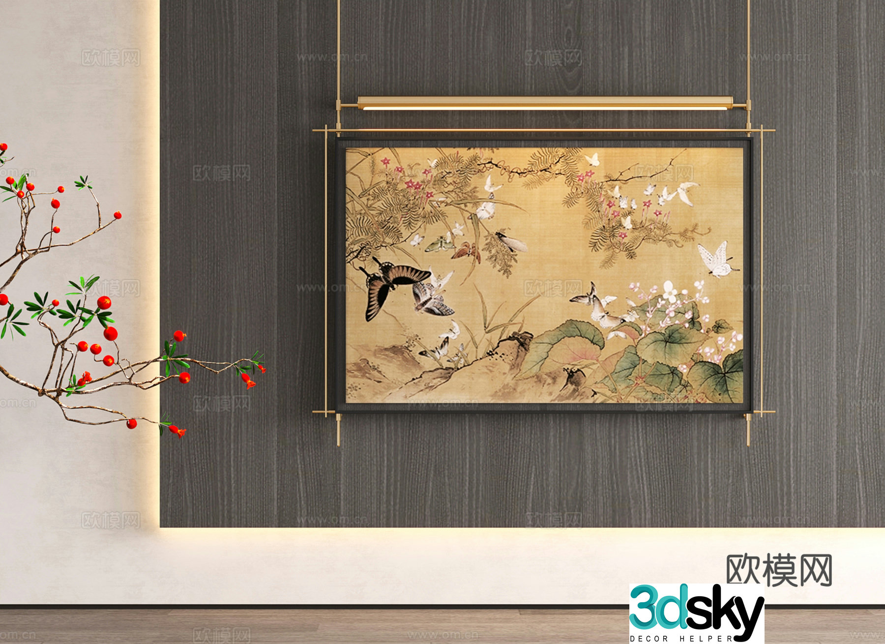 New Chinese style Chinese ancient decorative paintings hundred butterflies pictures hanging paintings wall murals 3D model