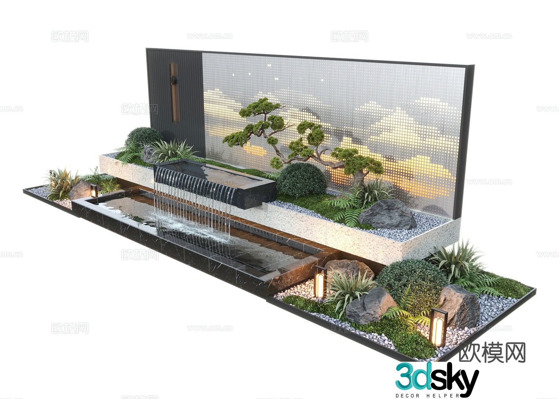Modern courtyard water view wall stacked water pool pine tree hollow landscape wall 3d model
