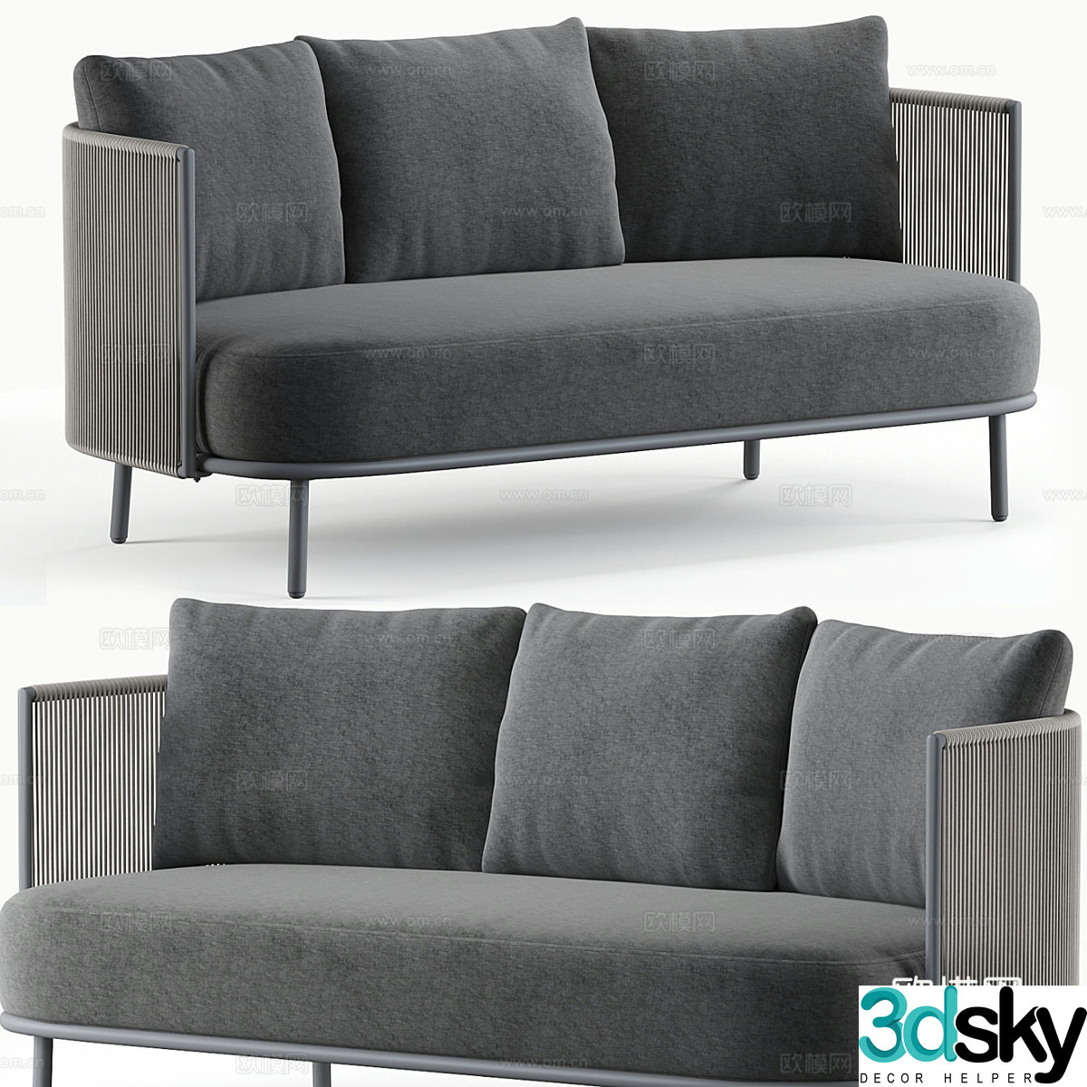 New Chinese style Zanotti grey rope and charcoal curved outdoor double sofa 3d model