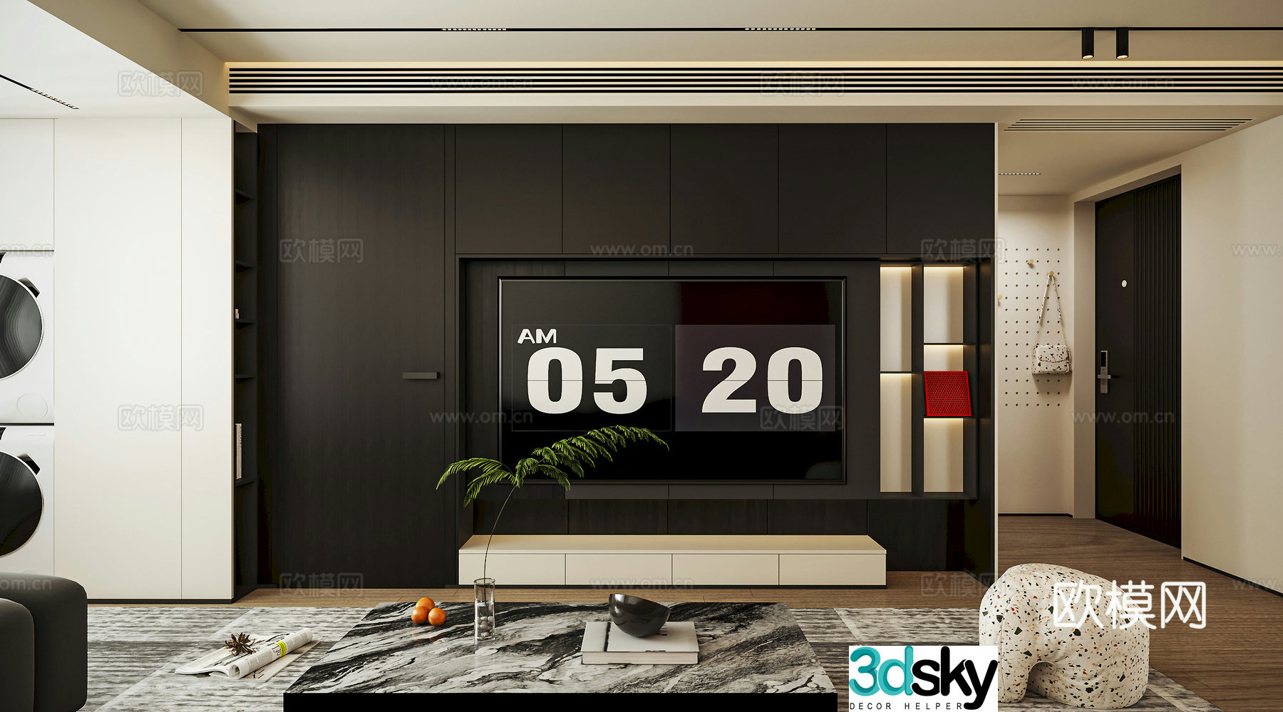 Modern minimalist living and dining room kitchen 3d model