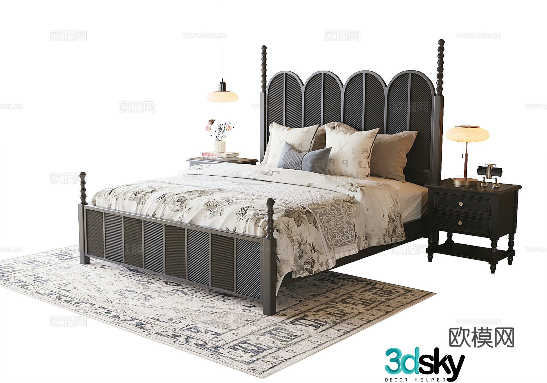French double bed bedside table bedding 3d model