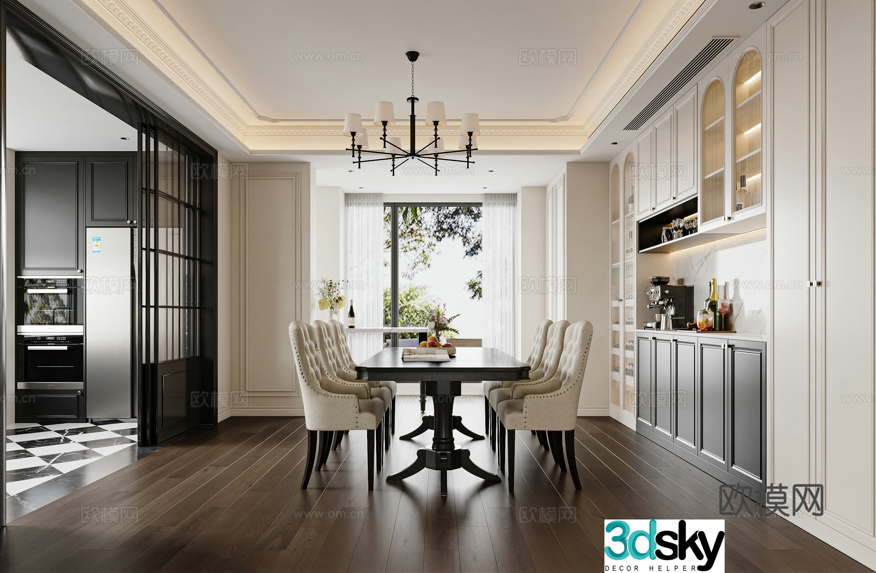 French restaurant American restaurant French sideboard American chandeliers French sliding door French kitchen 3d model