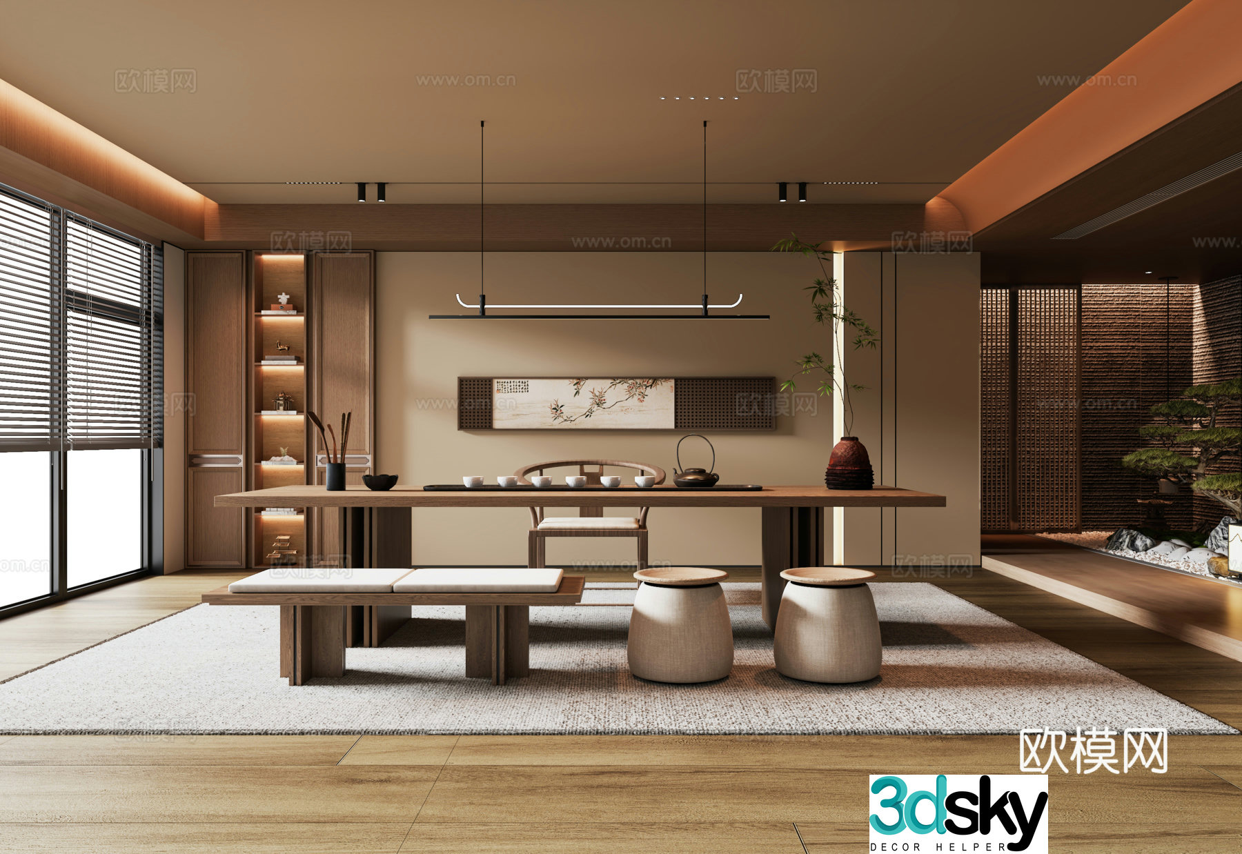 New Chinese-style tea room tea room background wall tea table and chair combination landscape sketch chandeliers interior landscaping 3D model