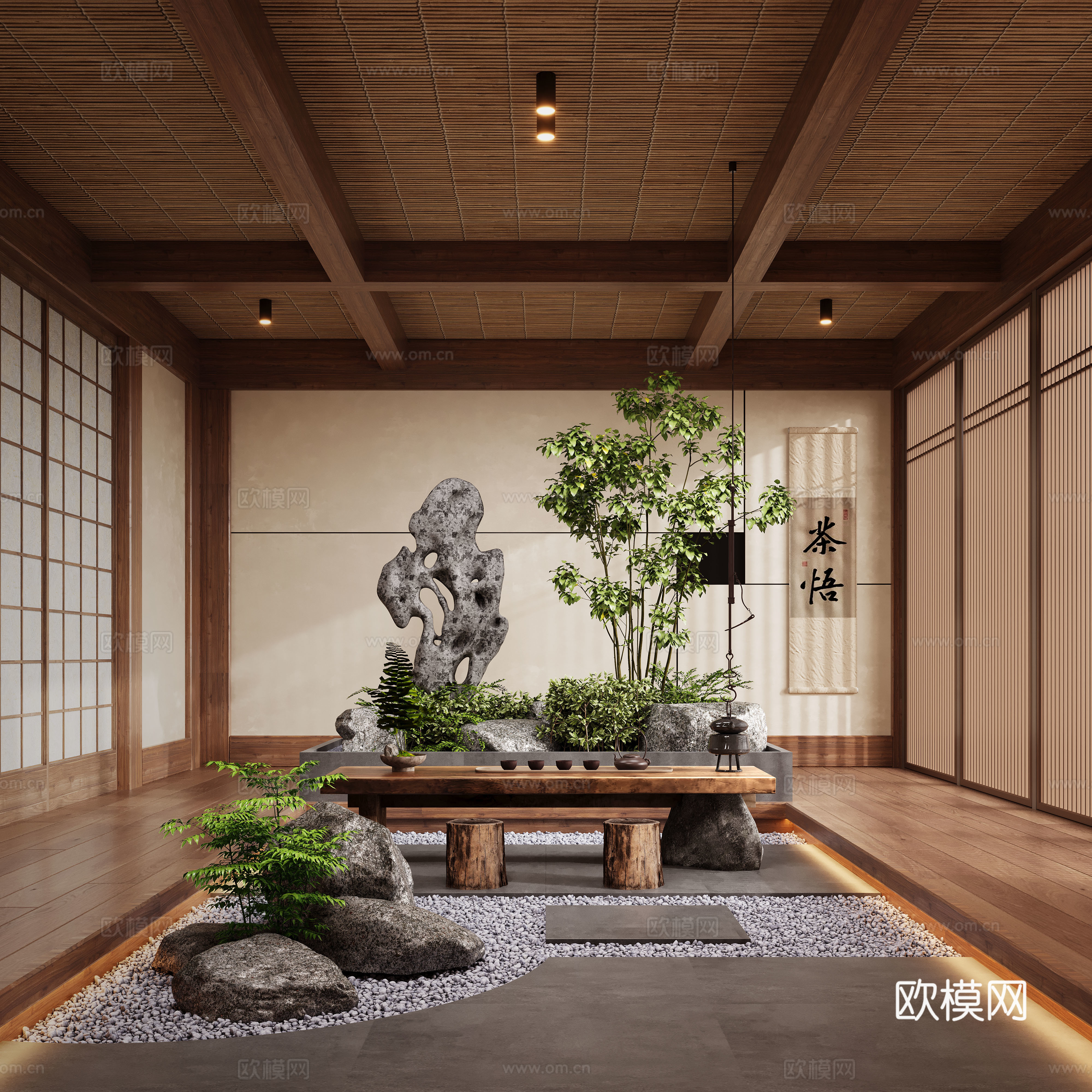 New Chinese style Zen tea room indoor landscaping landscape plants tea table 3D model