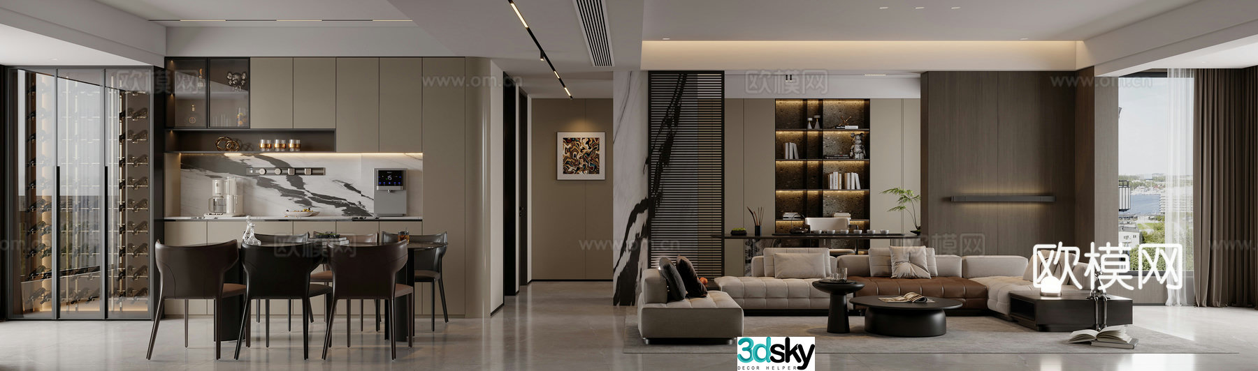 Modern living and dining room 3d model
