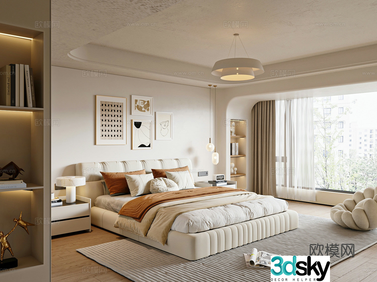 Modern creamy bedroom 3d model