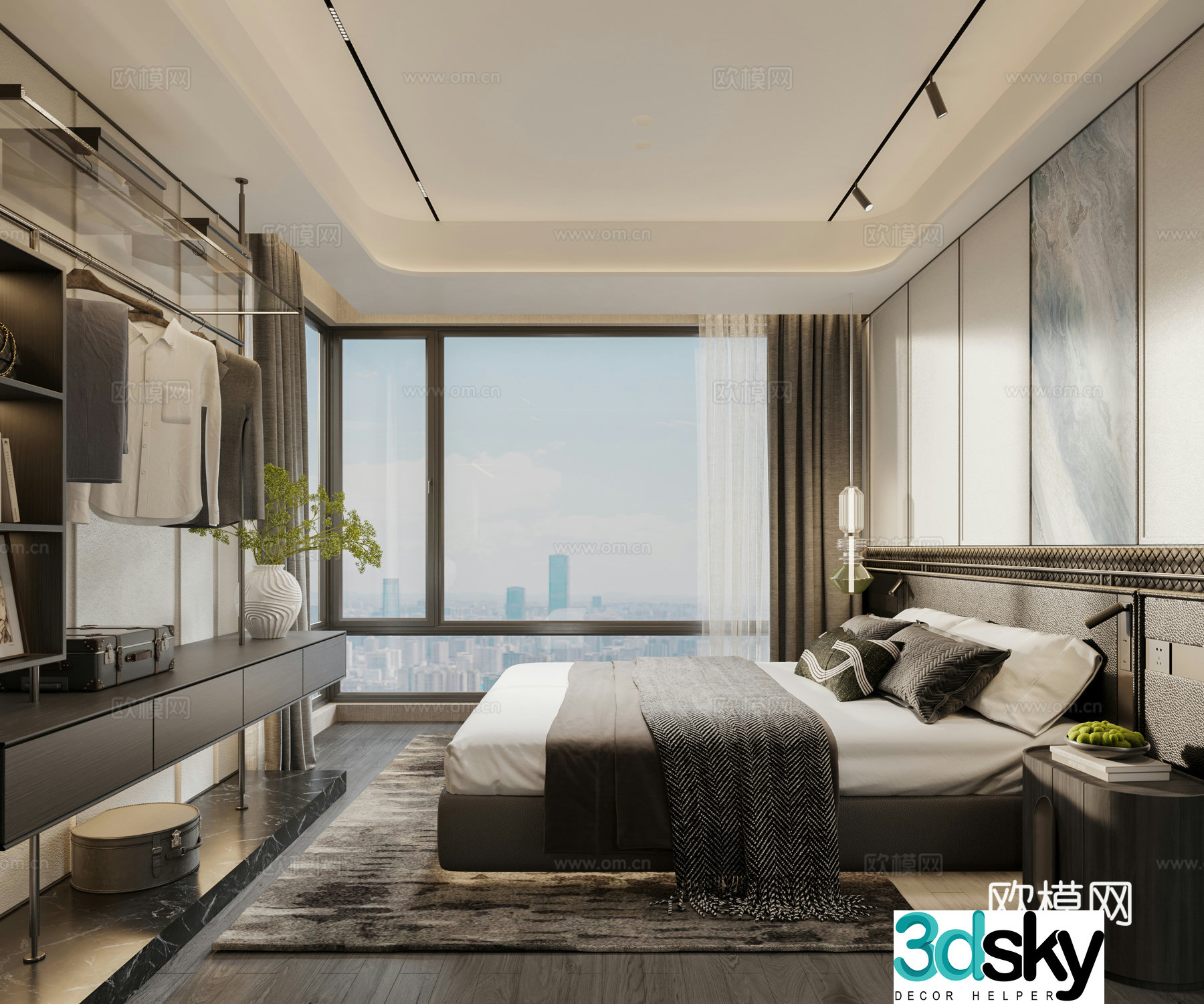 Bedroom Bedding Wardrobe Clothes Pillow Background Wall Ornaments Ceiling Light Bed 3D Model
