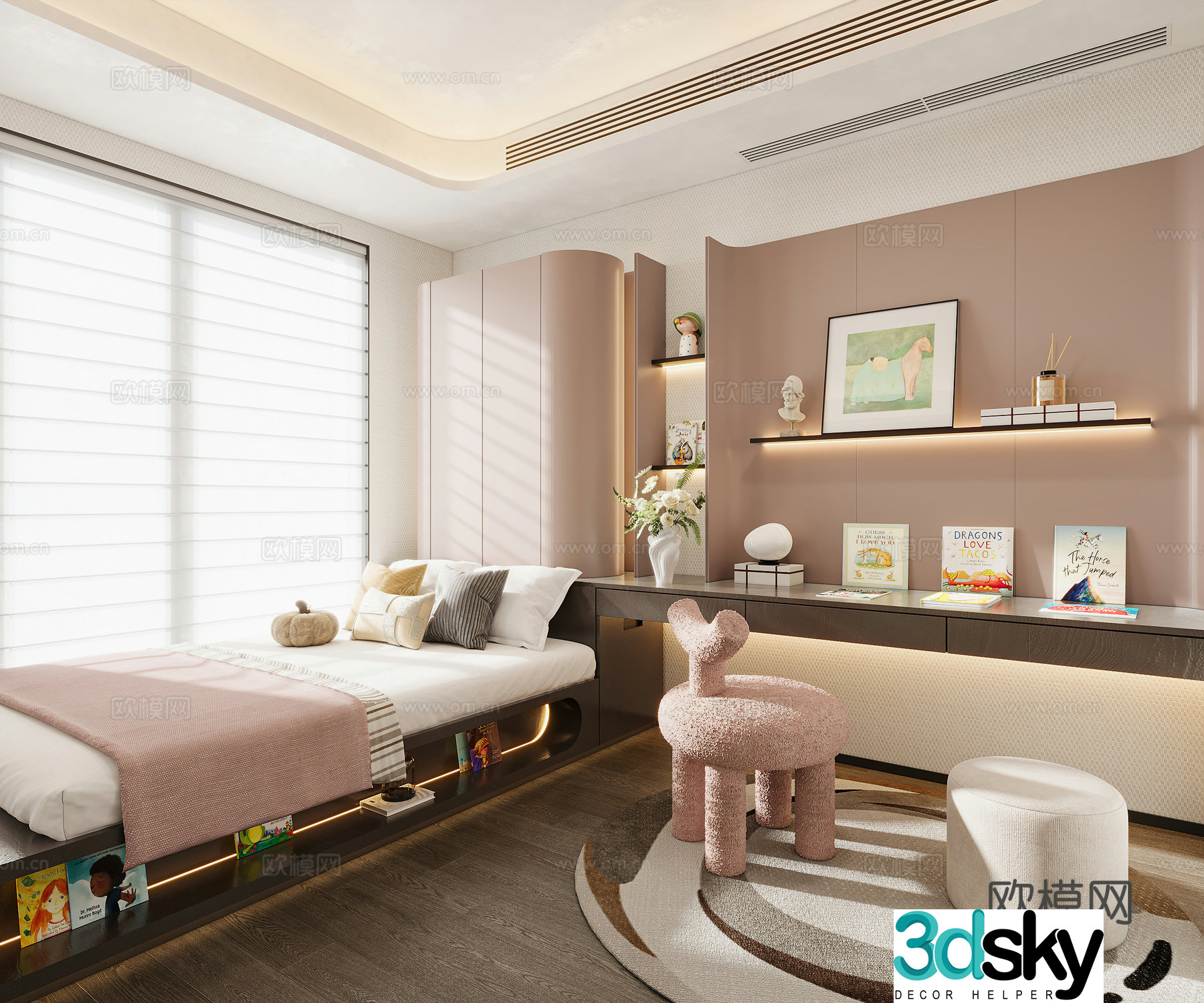Girls’ room Children’s room Ornaments Hanging paintings Children’s books Single chair Bed Pillow Wardrobe 3d model
