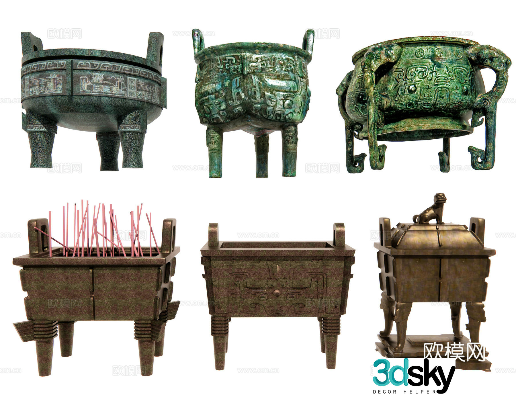 Chinese bronze tripod tripod round tripod square tripod triangle tripod brass tripod incense burner bronze 3D model