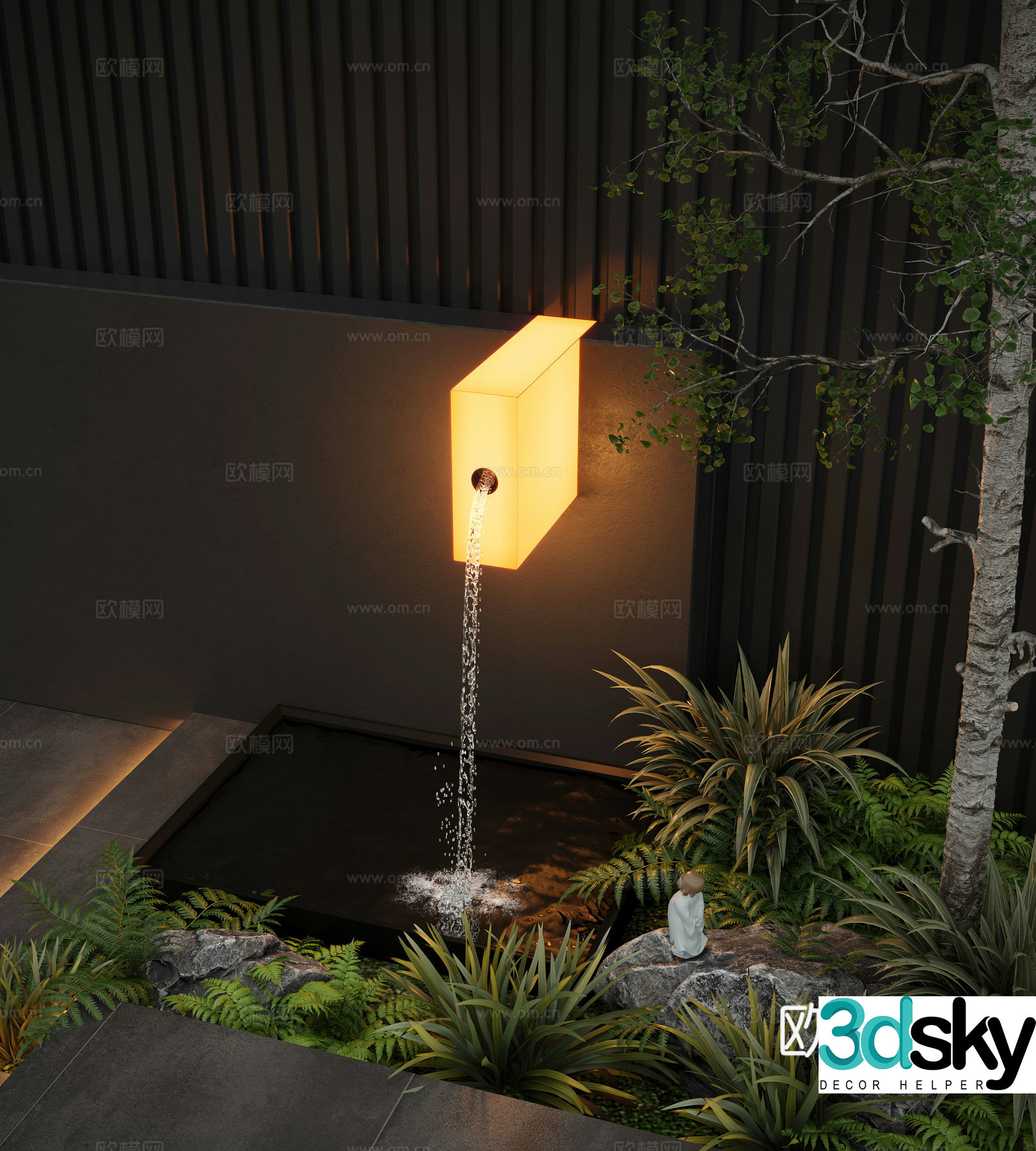 Modern water landscape flowing water pool 3d model