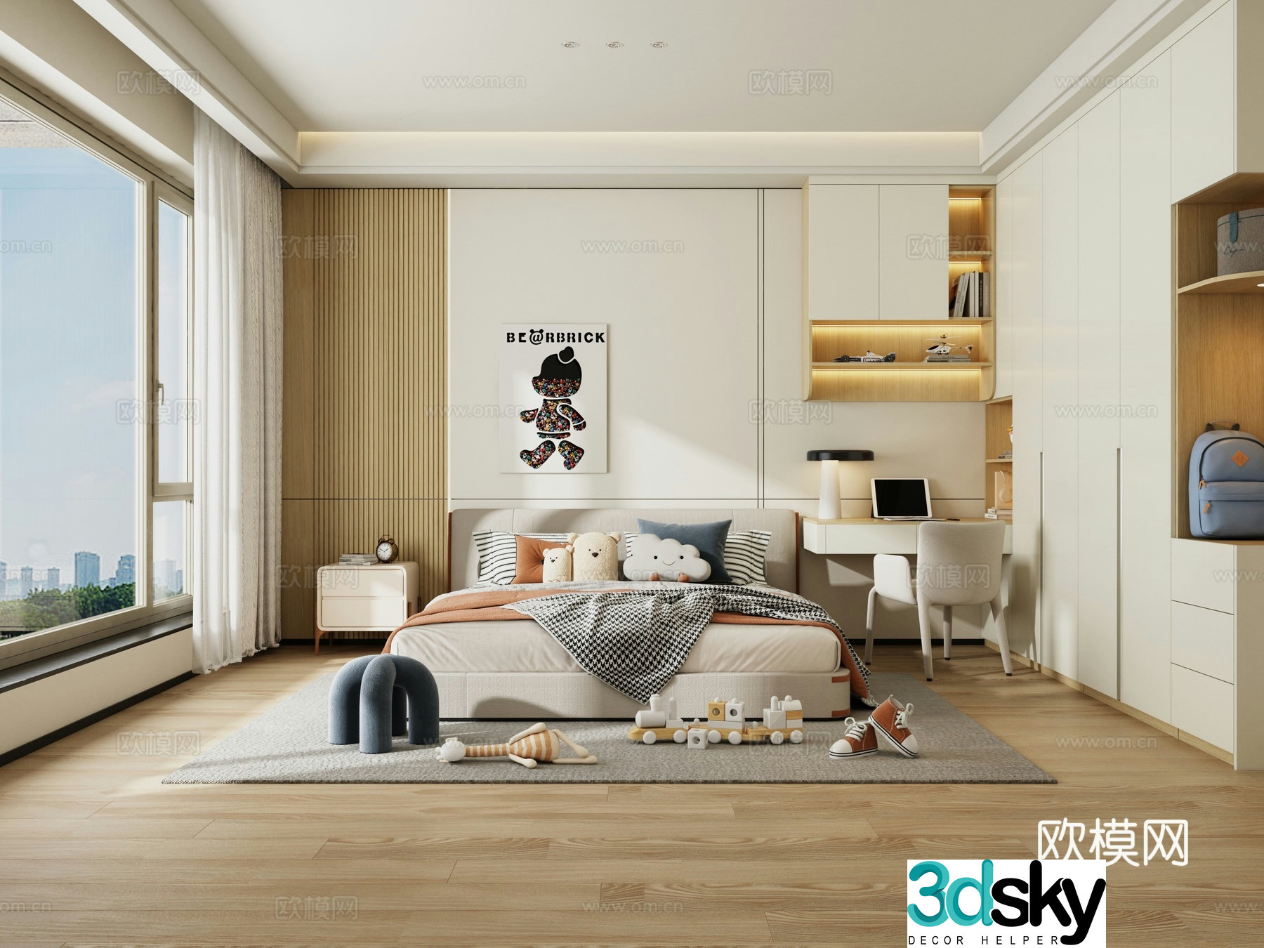 Light luxury bedroom modern bedroom children’s room wardrobe bookcase integrated cabinet children’s bed 3D model