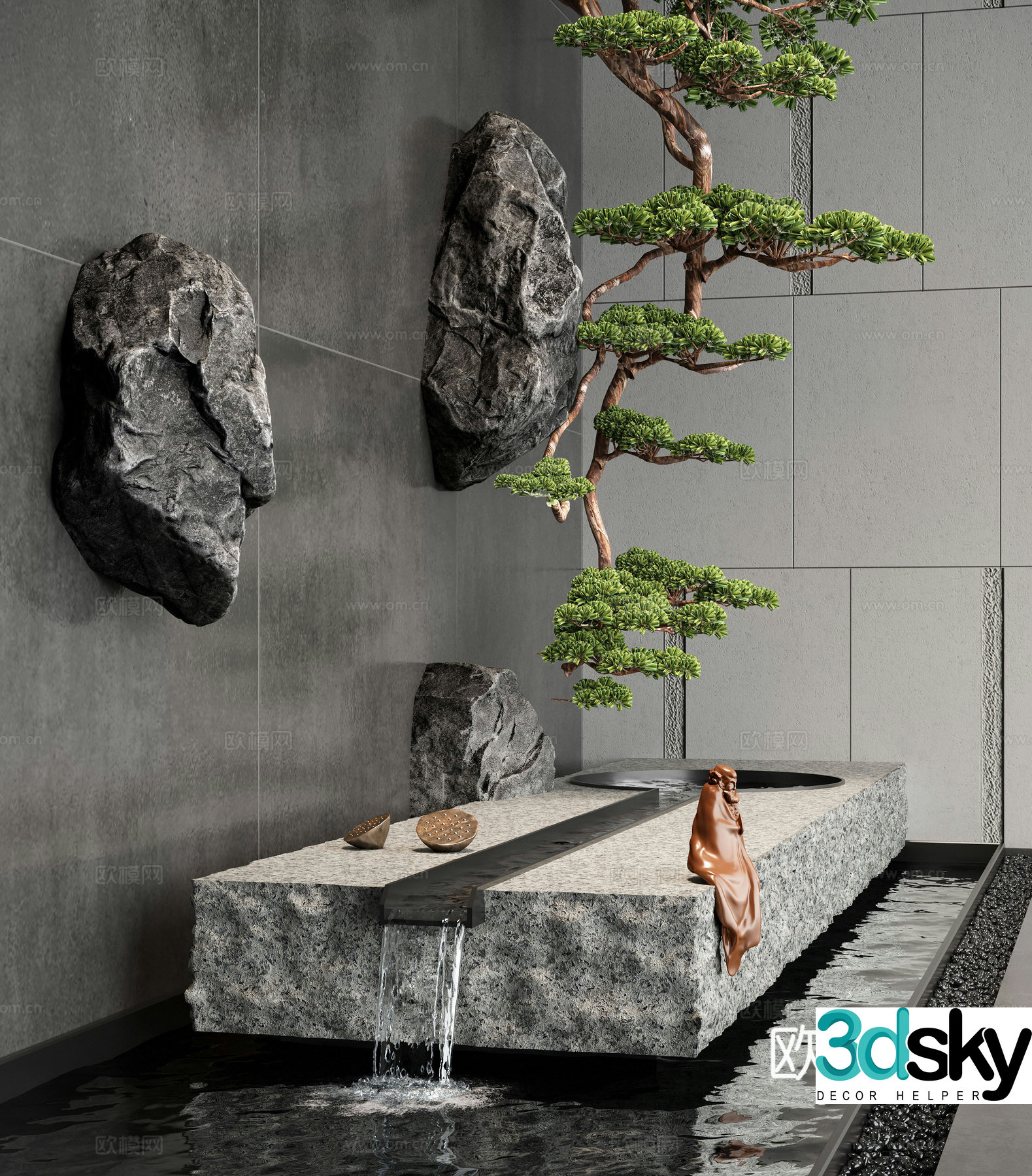 Modern water landscape water bowl pool flowing water landscape stone hanging tree 3d model