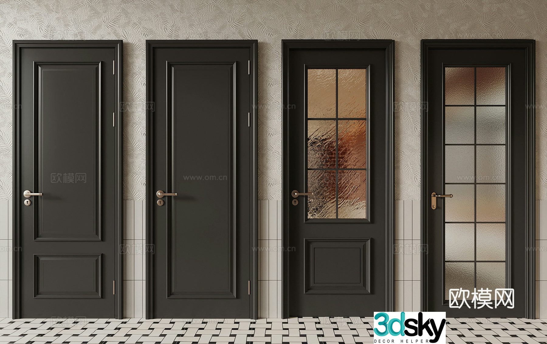 French doors Single-open door Kitchen and bathroom doors Glass doors Interior doors 3D model