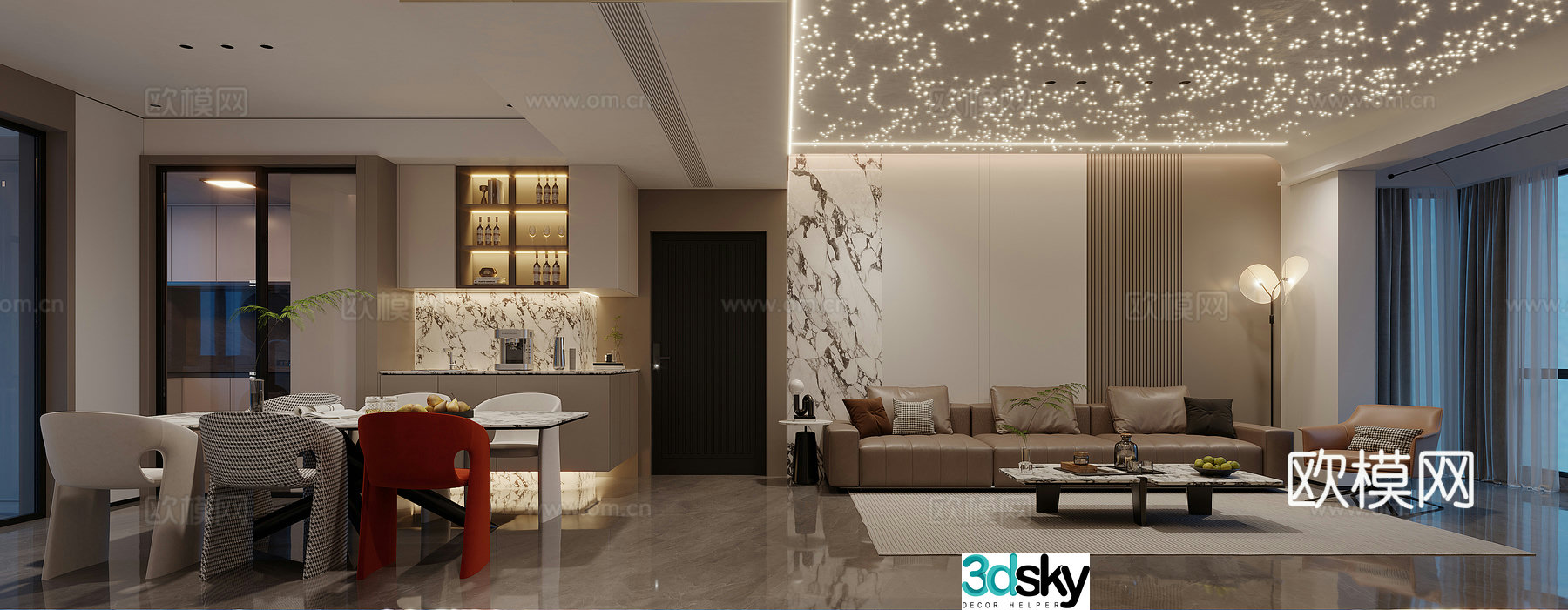 Modern living and dining room 3d model