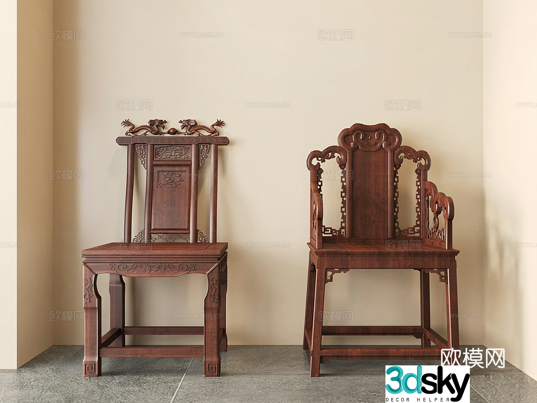 Chinese solid wood sifang Taishi chair carved chair Ruyi single chair armchair 3d model
