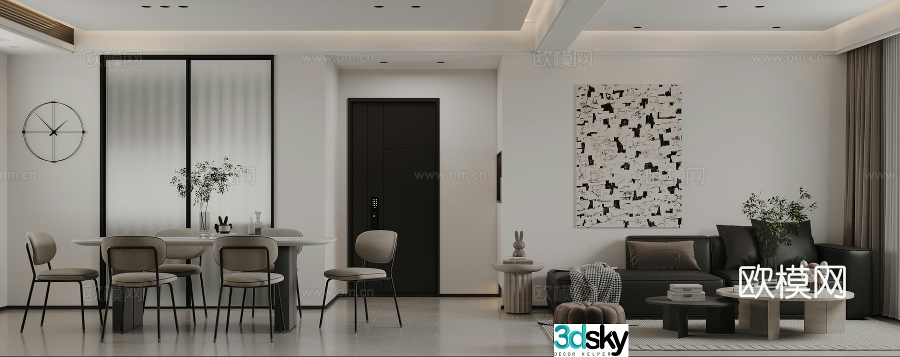 Modern black white and gray living and dining room flat floor living and dining room without main light 3d model