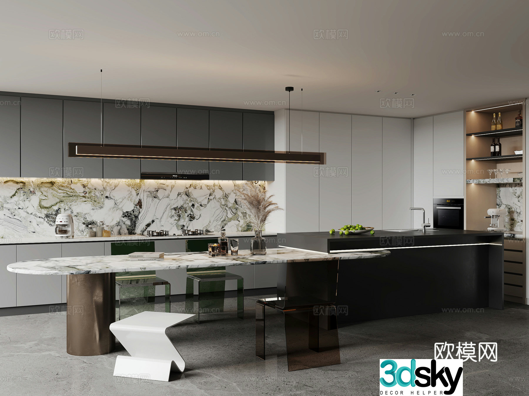 Modern minimalist island restaurant open kitchen dining table and chair combination chandelier 3d model