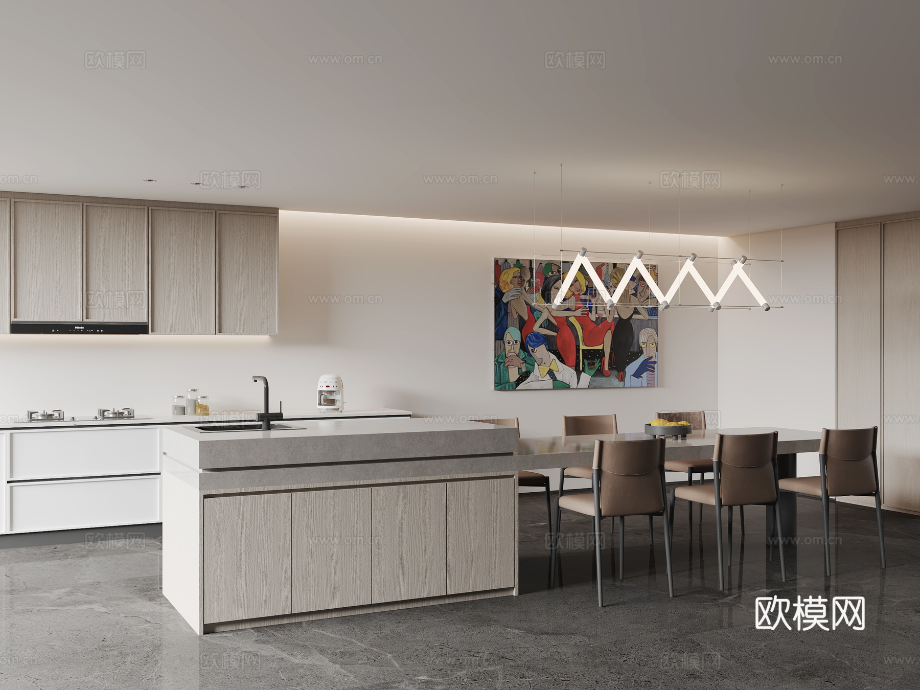 Modern minimalist island restaurant dining table and chair combination chandelier kitchen 3d model