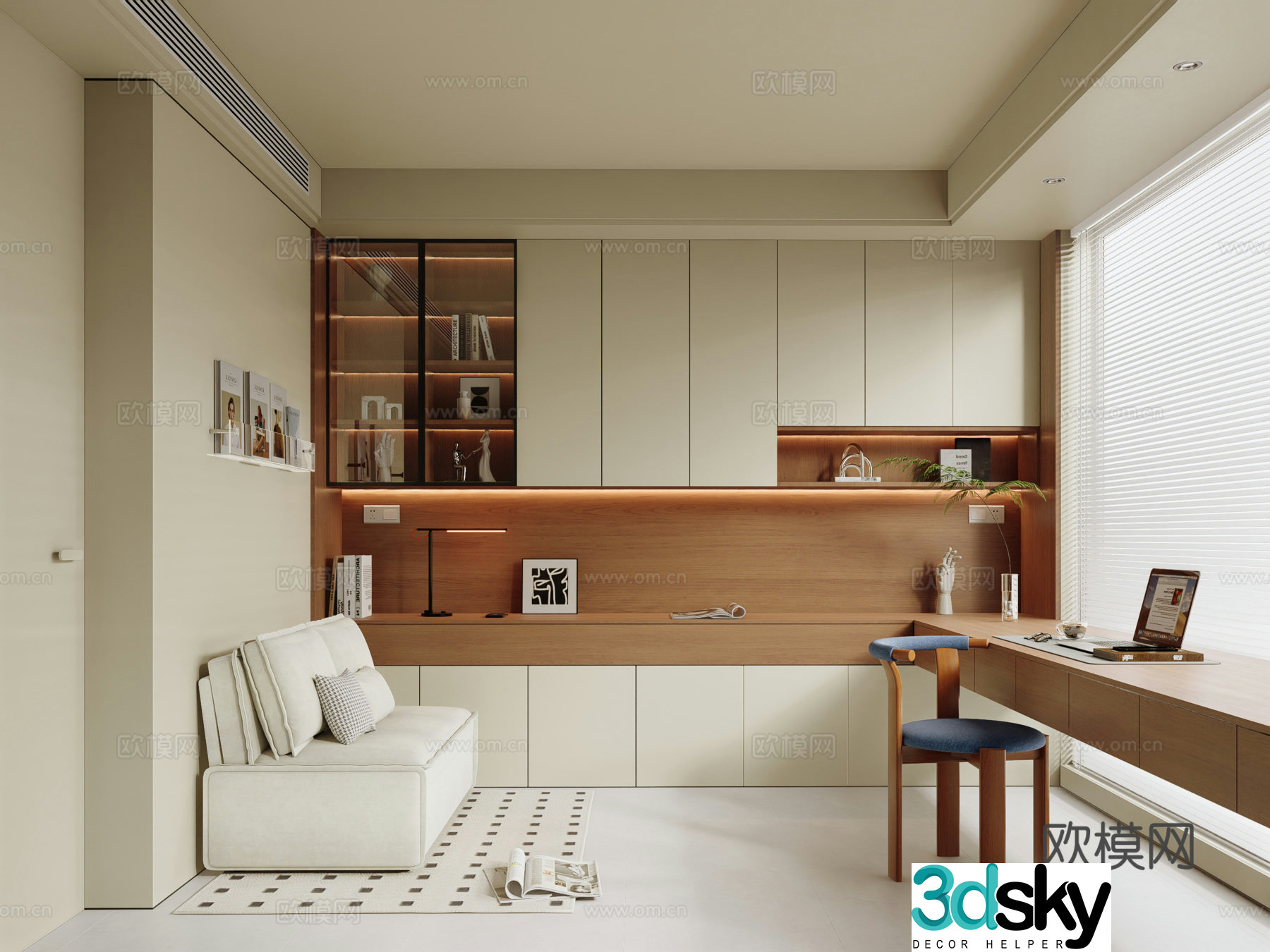 Modern Cream Study Bedroom Study 3D Model