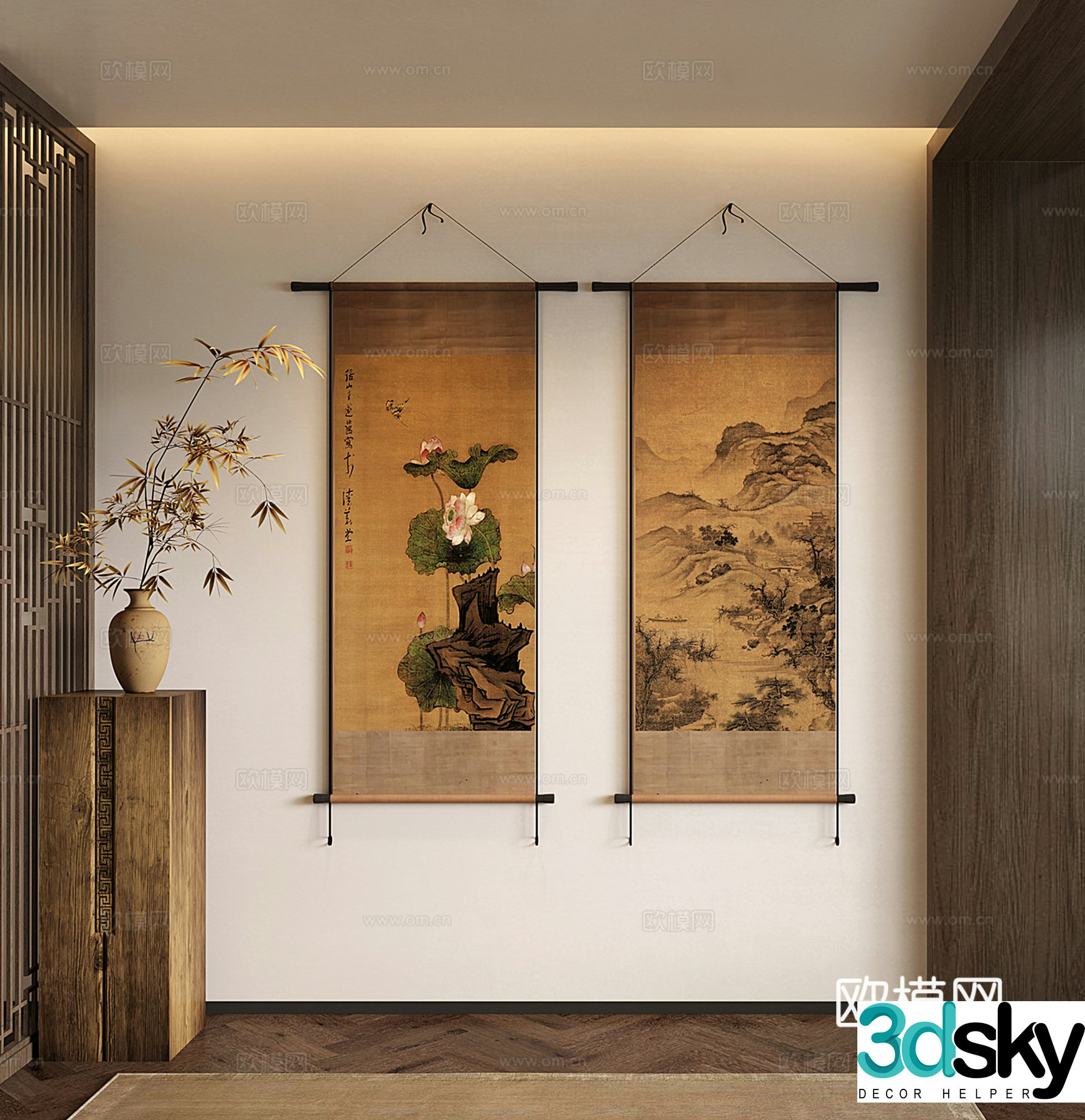 New Chinese style decorative paintings paintings wall paintings landscape scroll paintings lotus 3D model