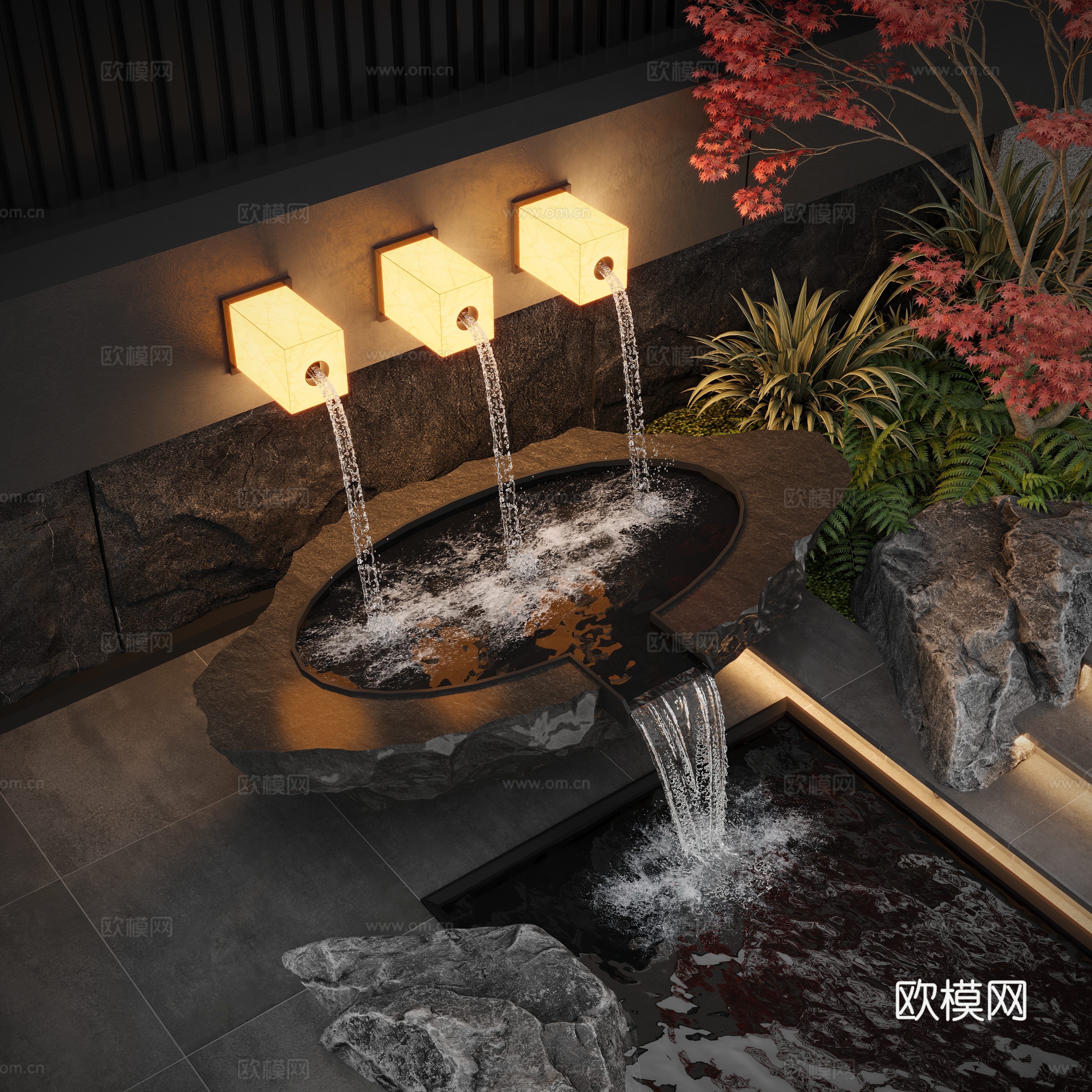 Modern courtyard water view wall water bowl flowing water 3d model