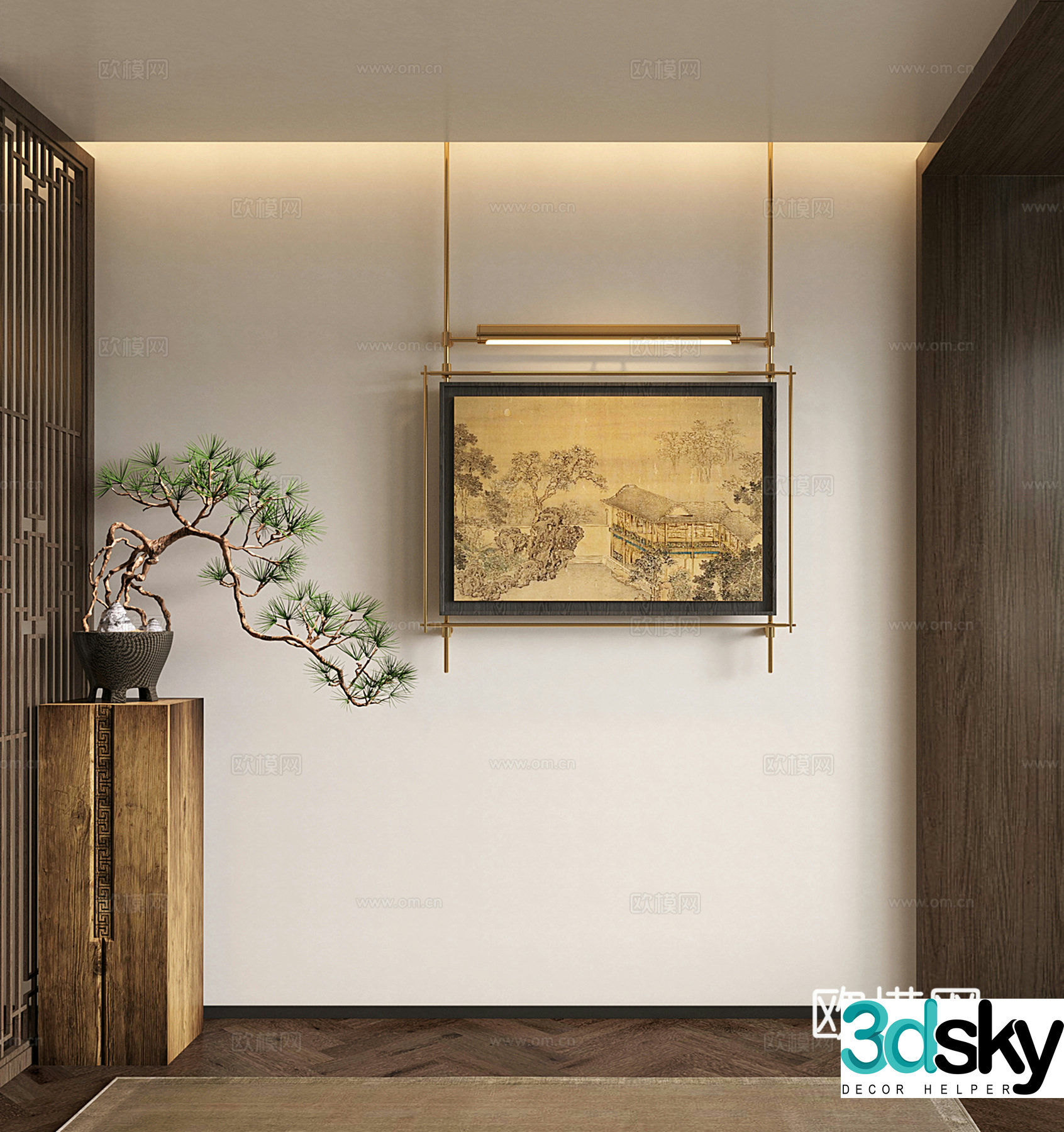 New Chinese style decorative paintings metal frames wall paintings vases hollow lattice 3D model