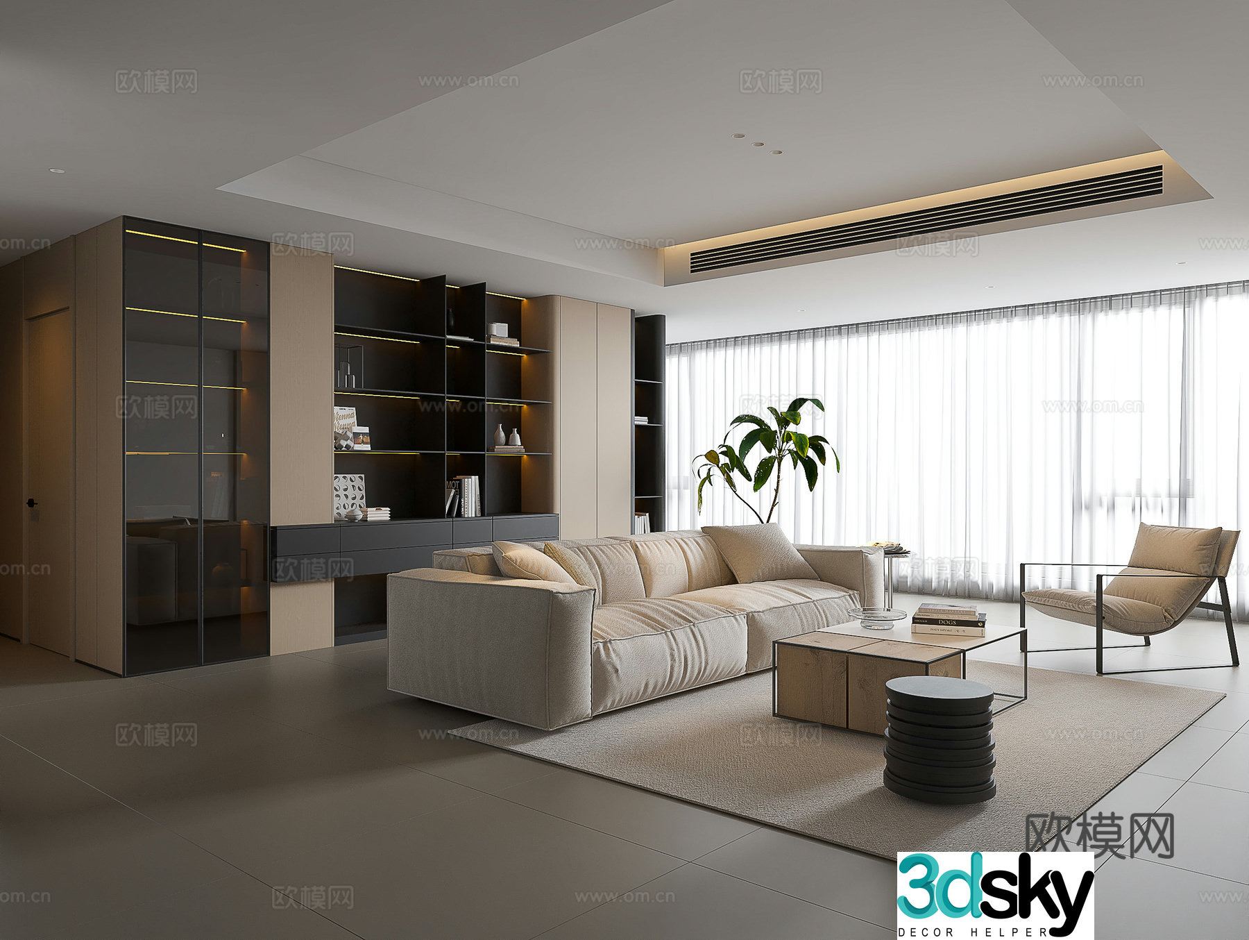 Modern living room large flat living room log living room creamy living room modern sofa coffee table combination 3D model