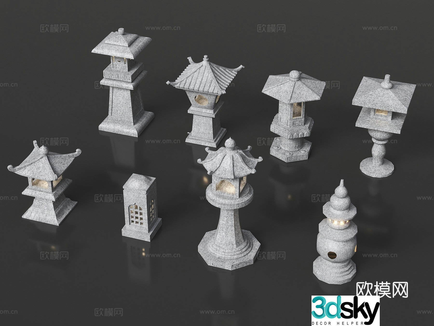 Chinese stone lantern Japanese stone lantern Jade clock Santan Moon Landscape light Garden light 3D model